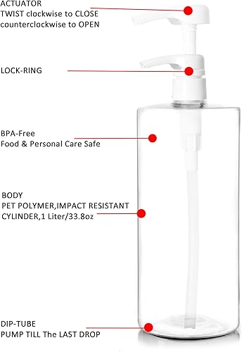 Miniatura 7 de Youngever Paquete de 4 botellas de bomba para champú de 32 onzas (1 litro), botellas vacías de champú, cilindro de plástico con bombas a prueba de
