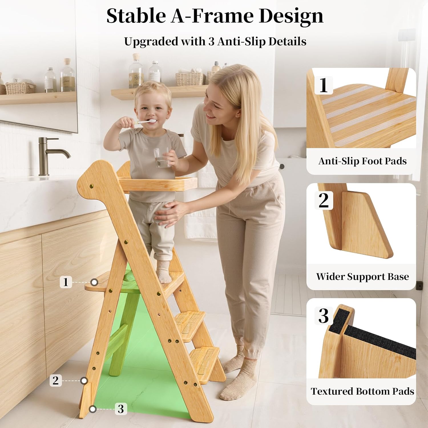 COSYLAND Foldi Foldable Toddler Kitchen Stool - Adjustable Height Toddler Standing Tower with Net & Safety Feet, IF Award-Winning Wooden Learning Step Tower for Kids Ages 18M-6Y, Natural