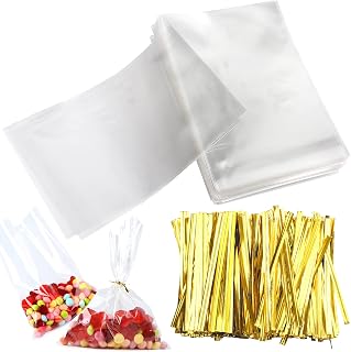 Cake Pop Bags, Augshy 300 Pcs 6x8" Treat Cello Bags for lollipop with 300 Twist Ties,1.4 mils Thickness OPP Plastic Bag for Lollipop Candy Chocolate Cookie Wrapping