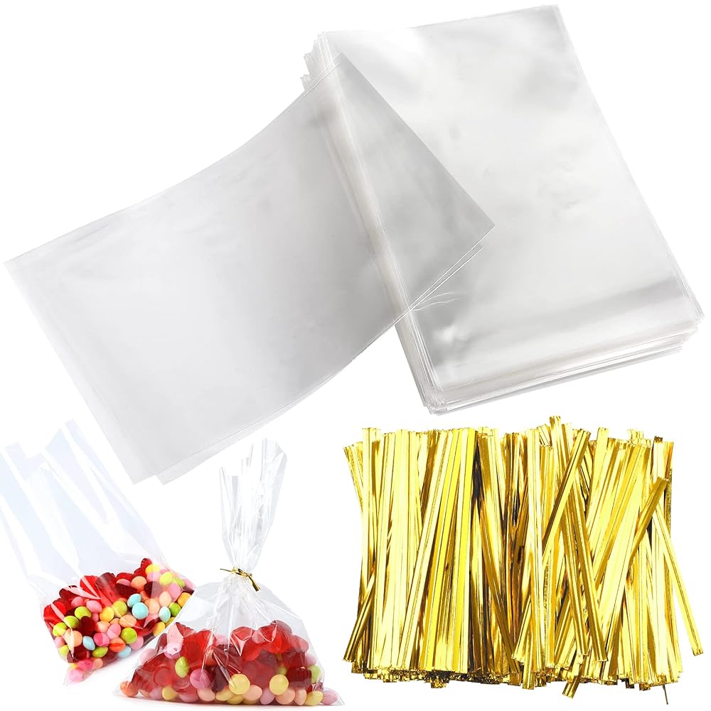 Cake Pop Bags, Augshy 300 Pcs 6x8 Treat Cello Bags for lollipop with 300 Twist Ties,1.4 mils Thickness OPP Plastic Bag for Lollipop Candy Chocolate Cookie Wrapping