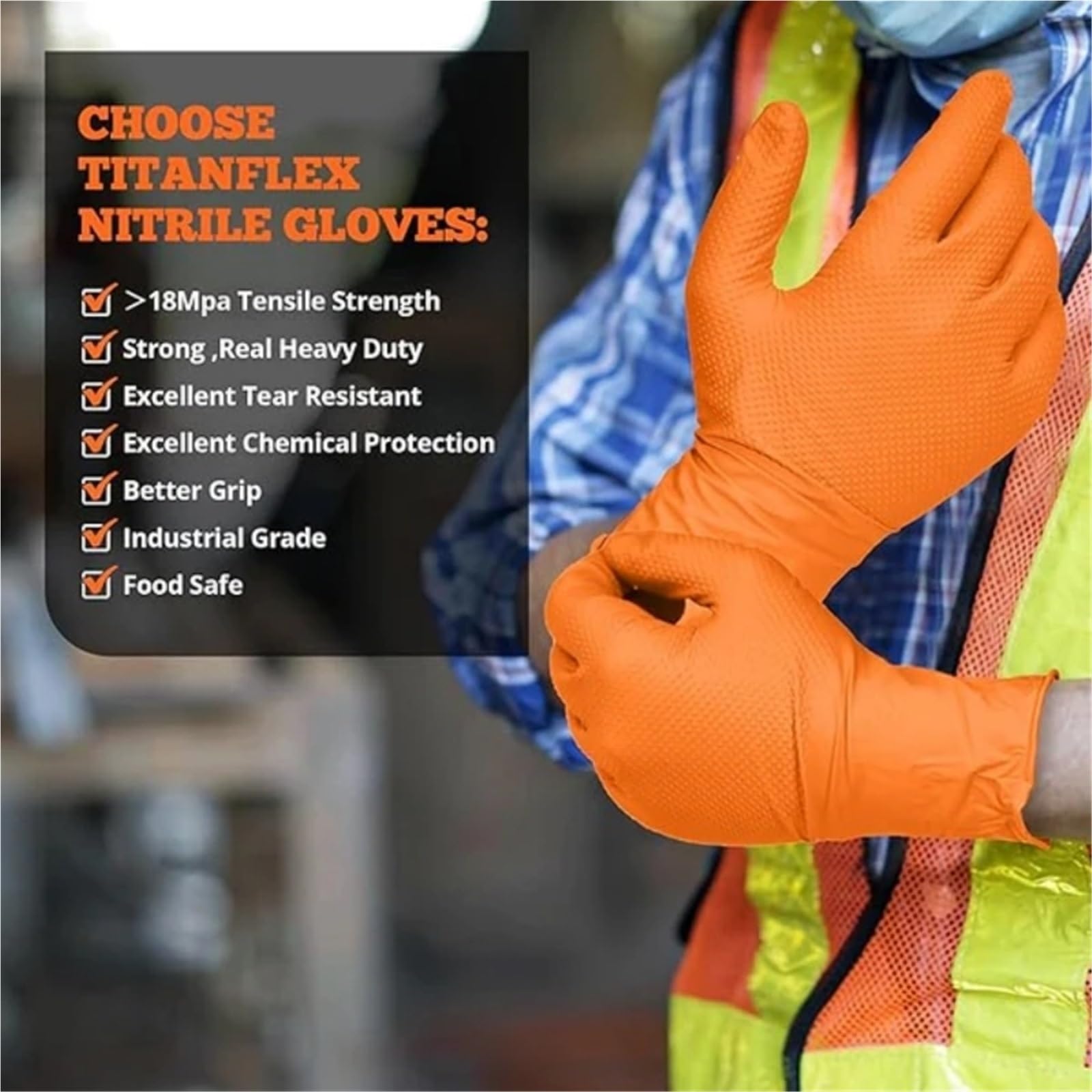 Rutschfeste Arbeitshandschuhe Orangefarbene Nitrilhandschuhe mit strukturiertem Griff for Mechaniker-Arbeitshandschuhe(Black 50PCS,XL)
