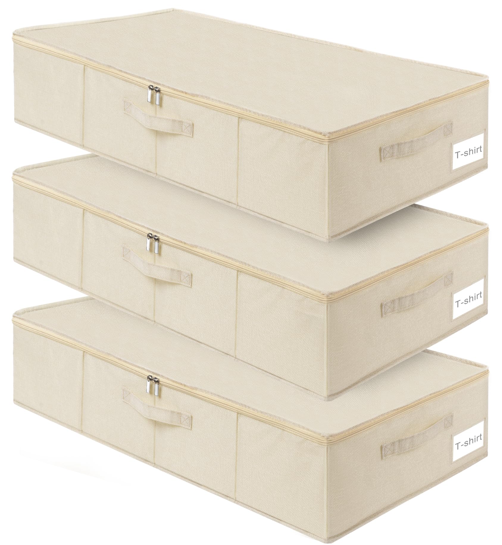 punemi Underbed Storage, 3 Pack Clothing Storage Bags W/Sturdy Handles, Large Capacity Underbed Shoe Container Organizer, Dorm Essentials Bins for Blankets, Pillows, Comforters & Quilts, Beige, 50L