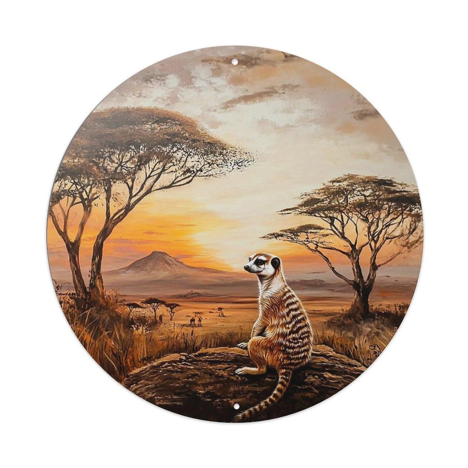 Meerkat Sunset Safari Scene Print Vintage Metal Tin Sign Retro Wall Decor for Home Bar Garage Cafe, Indoor & Outdoor Decorative，circle Metal Poster, 8x8 Inch