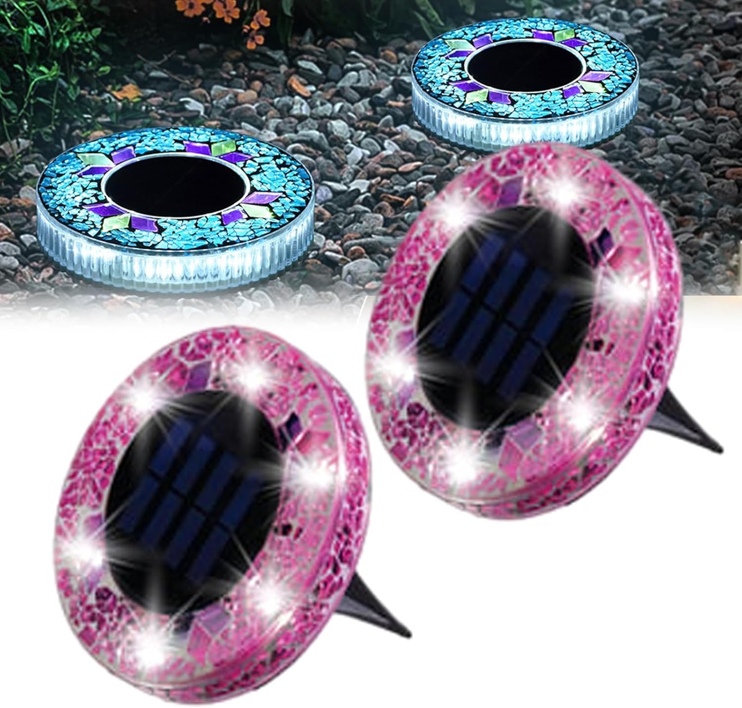 Mosaic Solar Disk Light, Waterproof Outdoor Glass LED Garden Stake Lighting, Colorful Landscape Yard Decor for Walkway, Patio & Lawn, Auto On/Off Decorative Driveway Lamps