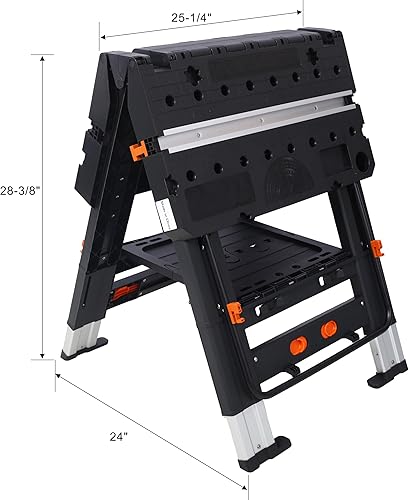 Miniatura 3 de Mesa de trabajo plegable, banco de trabajo portátil con abrazaderas, banco de trabajo 2 en 1 y caballete, altura ajustable, marco de aluminio, carga