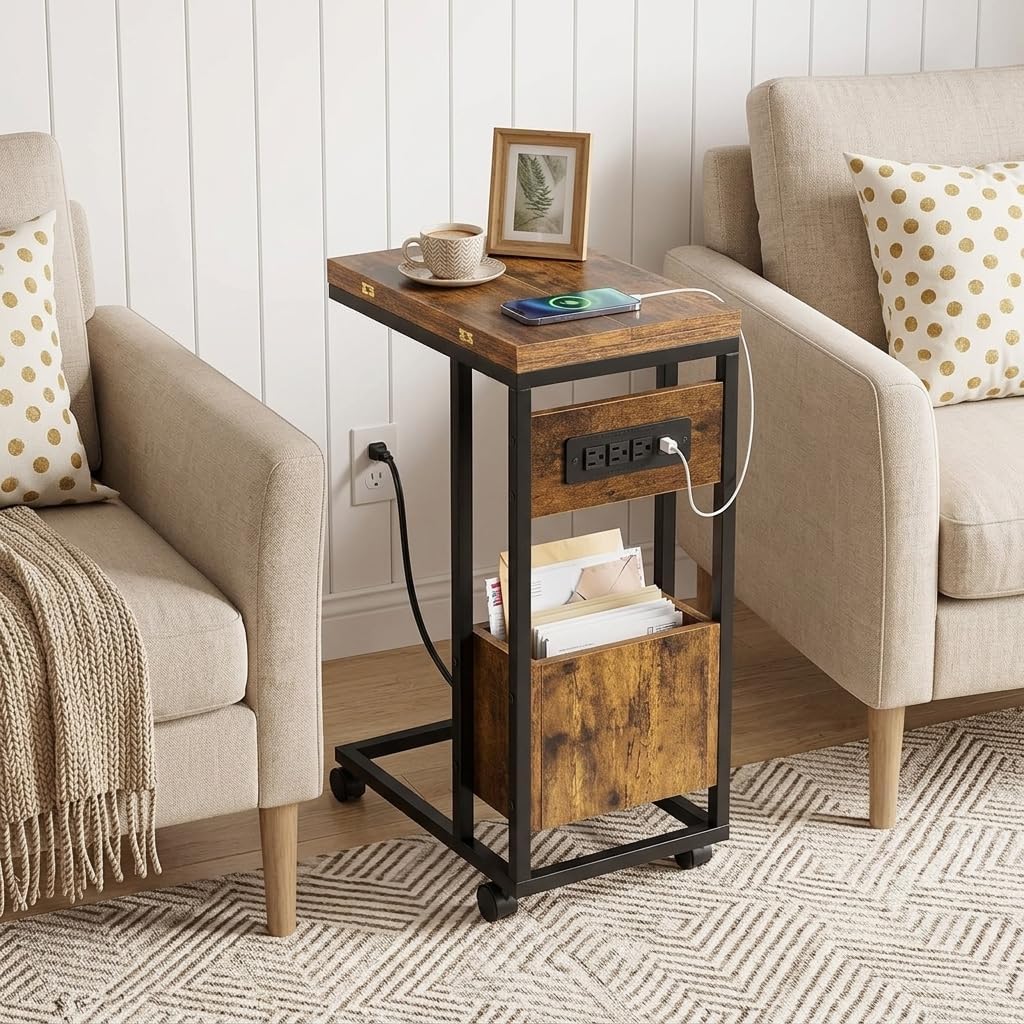 Hadulcet C Shaped End Table for Couch with Power Port & Foldable Tabletop image 5