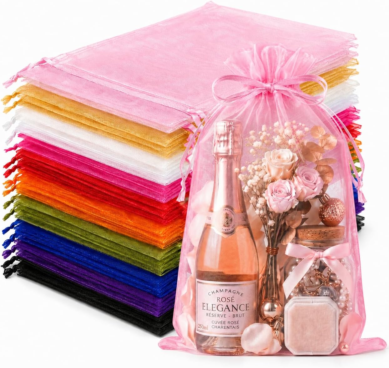 FUNFERY 100PCS Mix Color Organza Bags 8x12in,Mesh Gift Bag with Drawstring