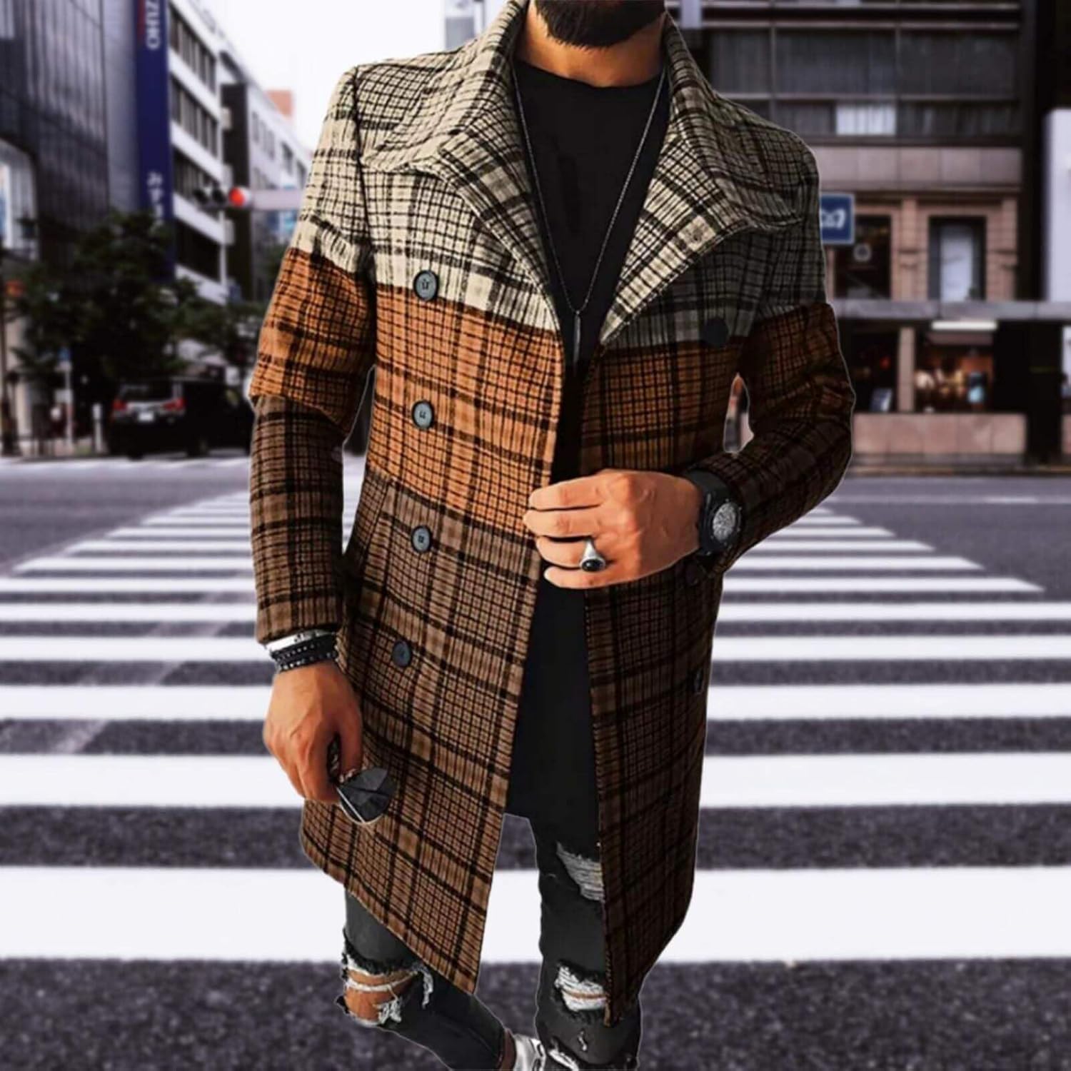Men's Plaid Long Trench Coat Mid - Length Lapel Collar Button Down Warm Overcoat for Winter & Autumn Fashion - Image 3