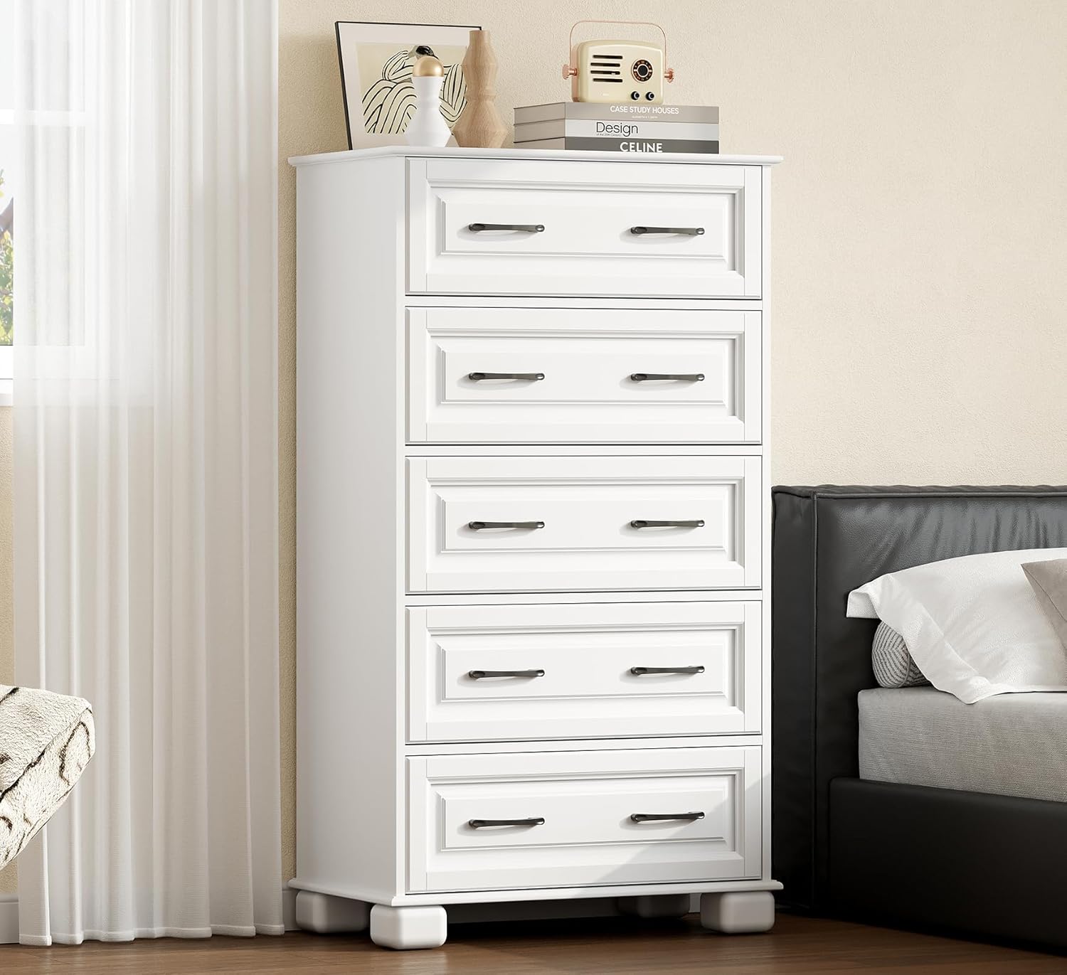 5 Drawer Chest of Drawers for Bedroom, 50" Tall Wooden Storage Organizer, Modern Dresser for Closet, Farmhouse Closet Drawers White Dresser for Bedroom