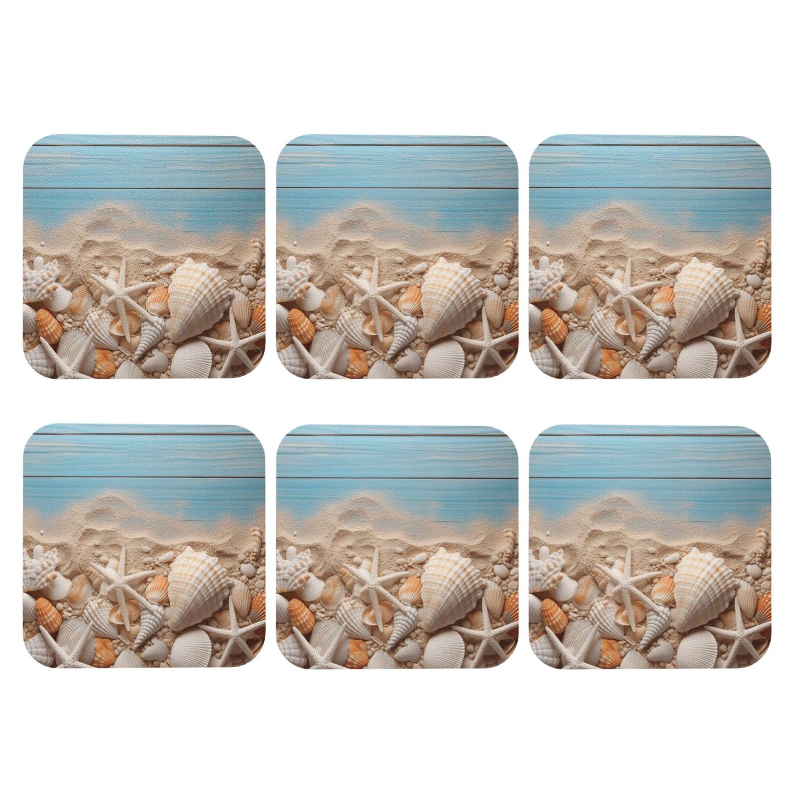 6pcs Leather Coasters for Drinks, Sea Shells and Starfish Drink Coasters for Tabletop Protection, 4" Cup Coasters for Coffee Table Decor, Non-Slip Drinking Cup Mat for Hot Or Cold Drink
