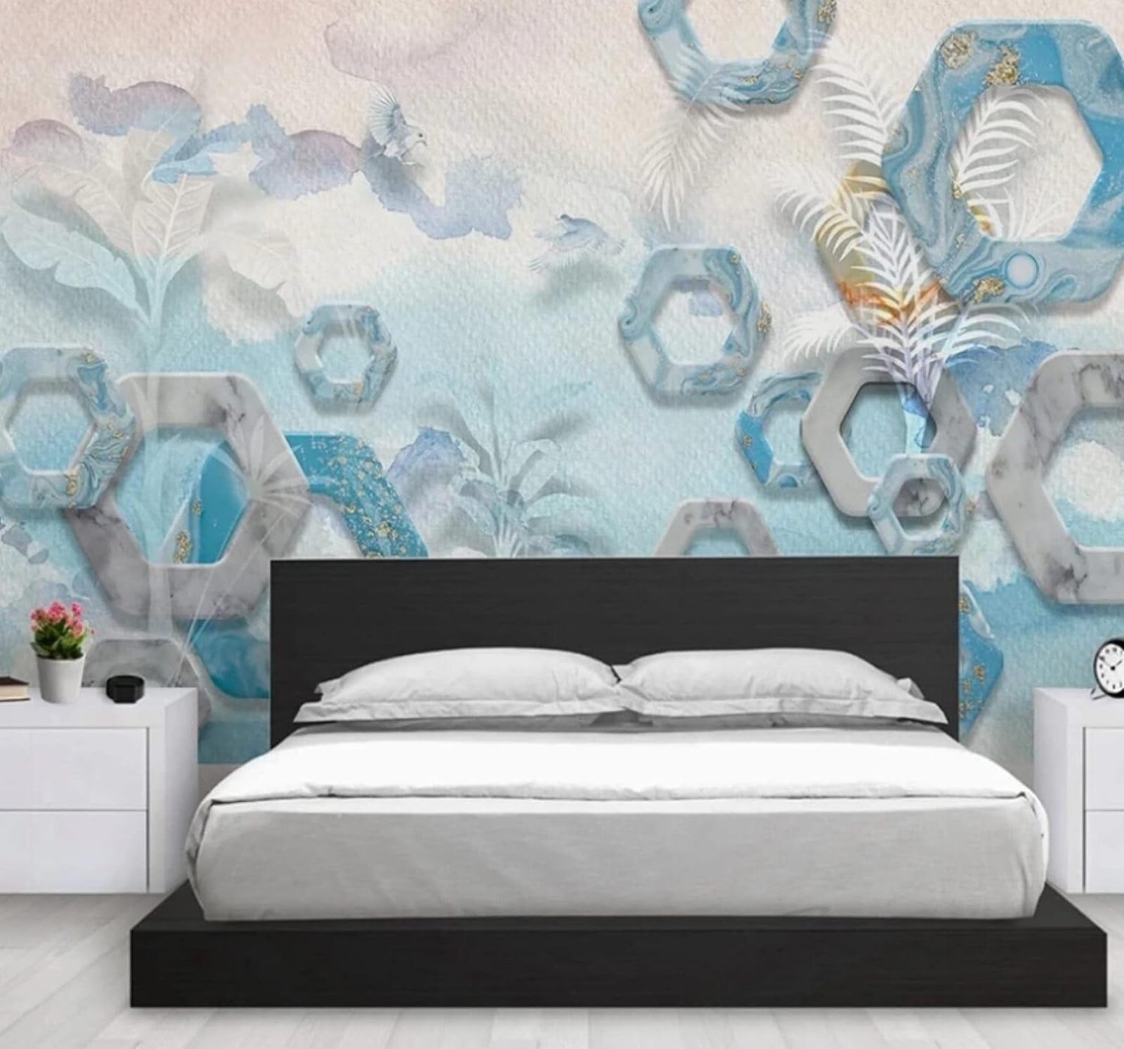 XLMING Fresh Geometric Trees Birds Marble Effect 3D Wallpaper Luxury Silk Study Dining Feature Sofa Grey Bedroom Living Room Tv Decorative Wall-350cm×256cm
