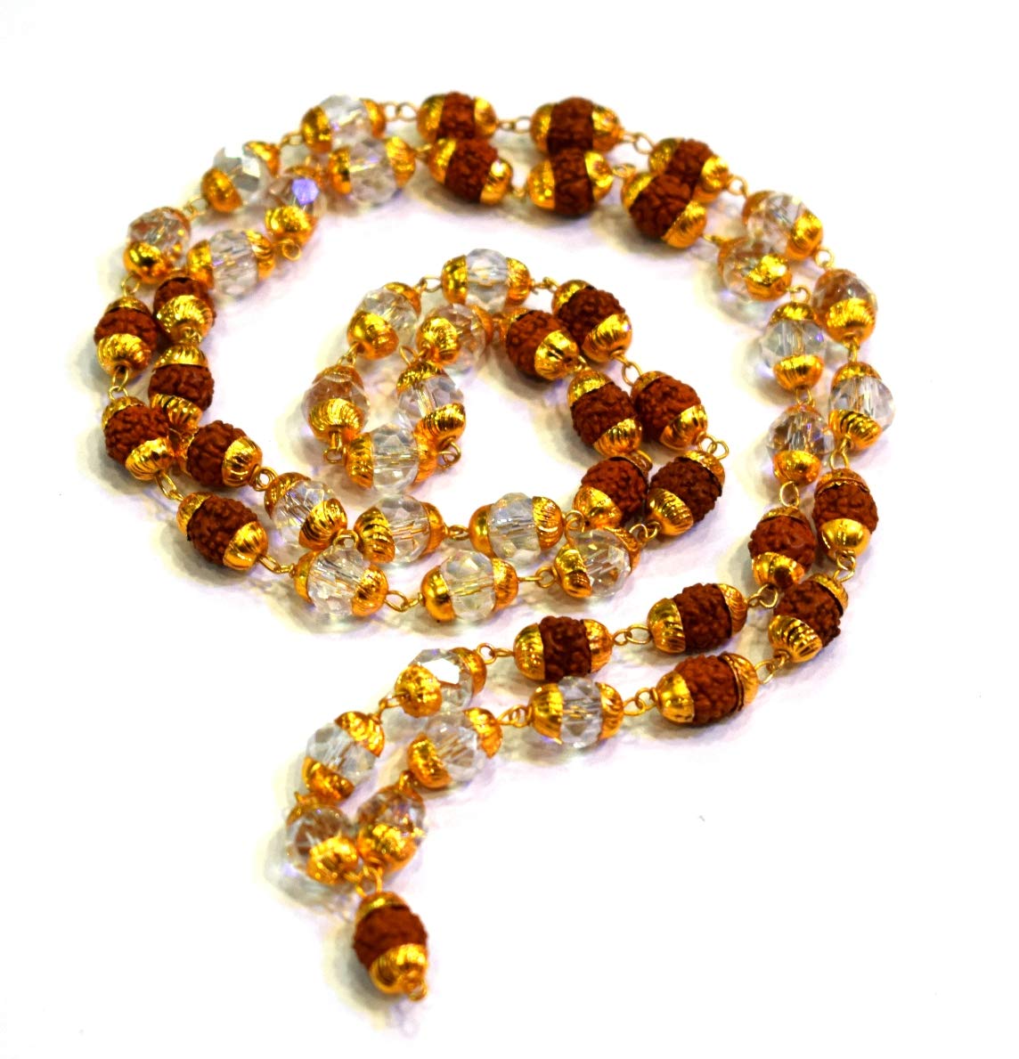 Divya Shakti Rudraksha Crystal Bead Necklace mala in Golden Cap Design for Men and Women