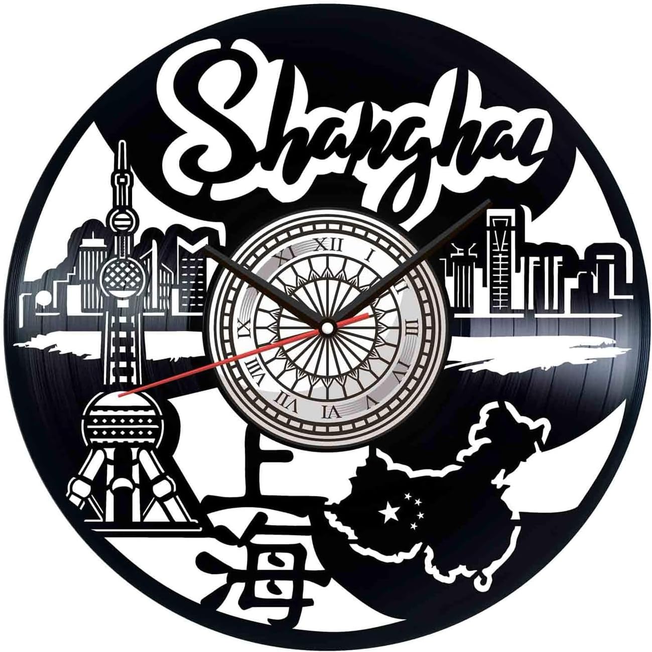 Vinyl Record Wall Clock Shanghai Style Silent Retro Wall Art Gift Birthday Handmade Cool Home Decor 12 Inch