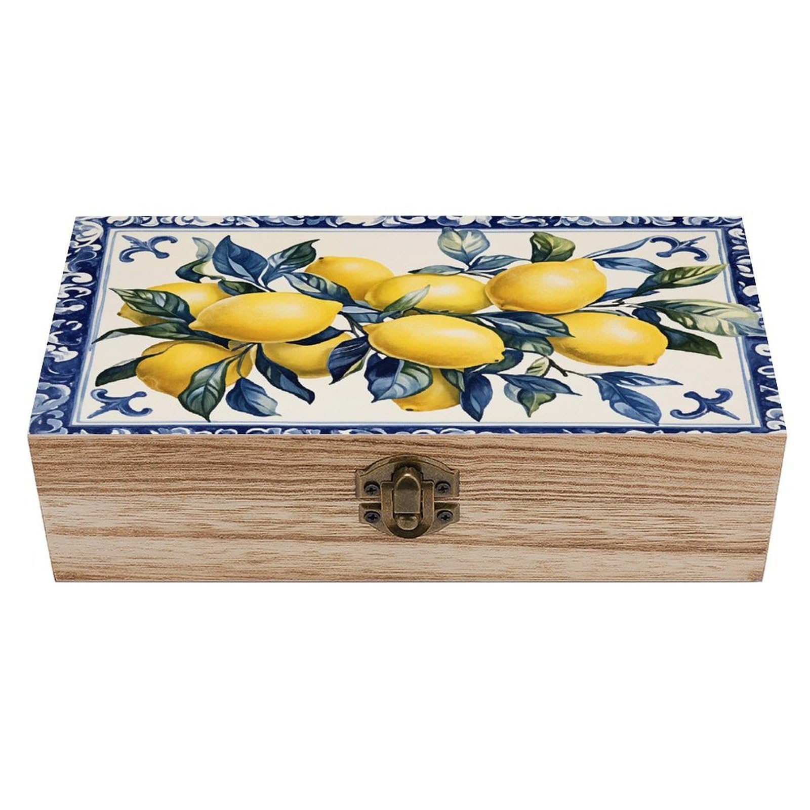 HLBSDM Blue Floral Lemon Vintage Wooden Keepsake Box with Hinged Lid And Locking Clasp, Decorative Storage Box for Jewelry, Trinkets And Small Accessories, Organizer for Home Or Wedding