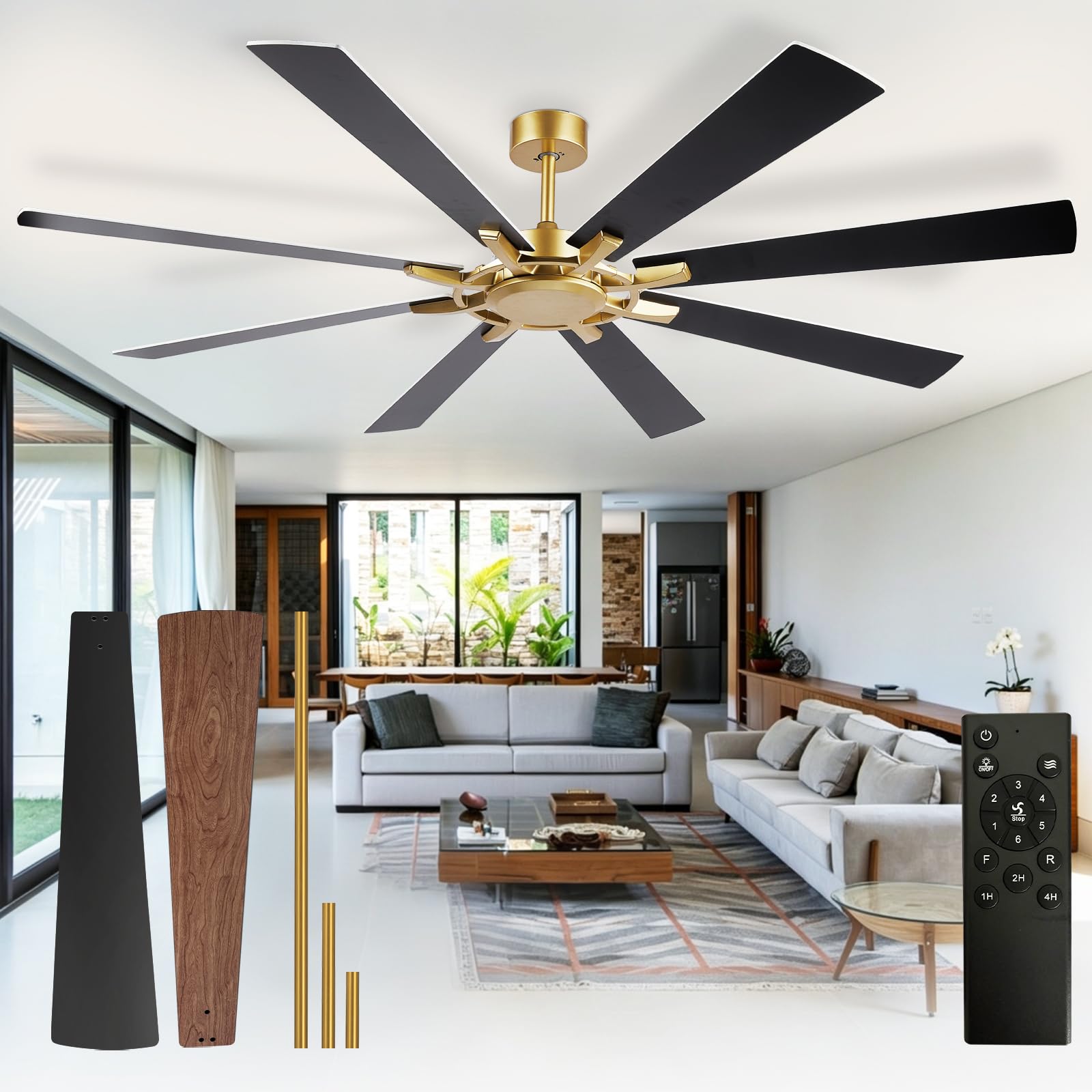 Depuley Ceiling Fan Without Light: 72 Inch Big Indoor Outdoor Fan with Remote Control - Large Farmhouse Black Gold Ceiling Fan no Light 8 Blade Reversible Quiet DC Motor Memory Function Timer