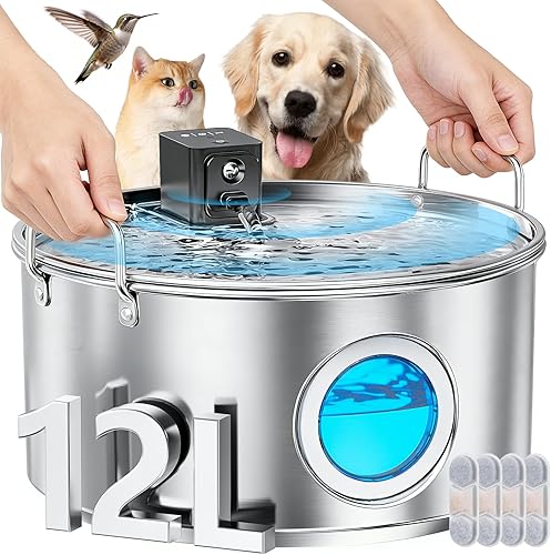 Fuente de agua automática inalámbrica de 3.4 galones para perros grandes, acero inoxidable de 12 L, 3 modos, dispensador de fuente de agua para