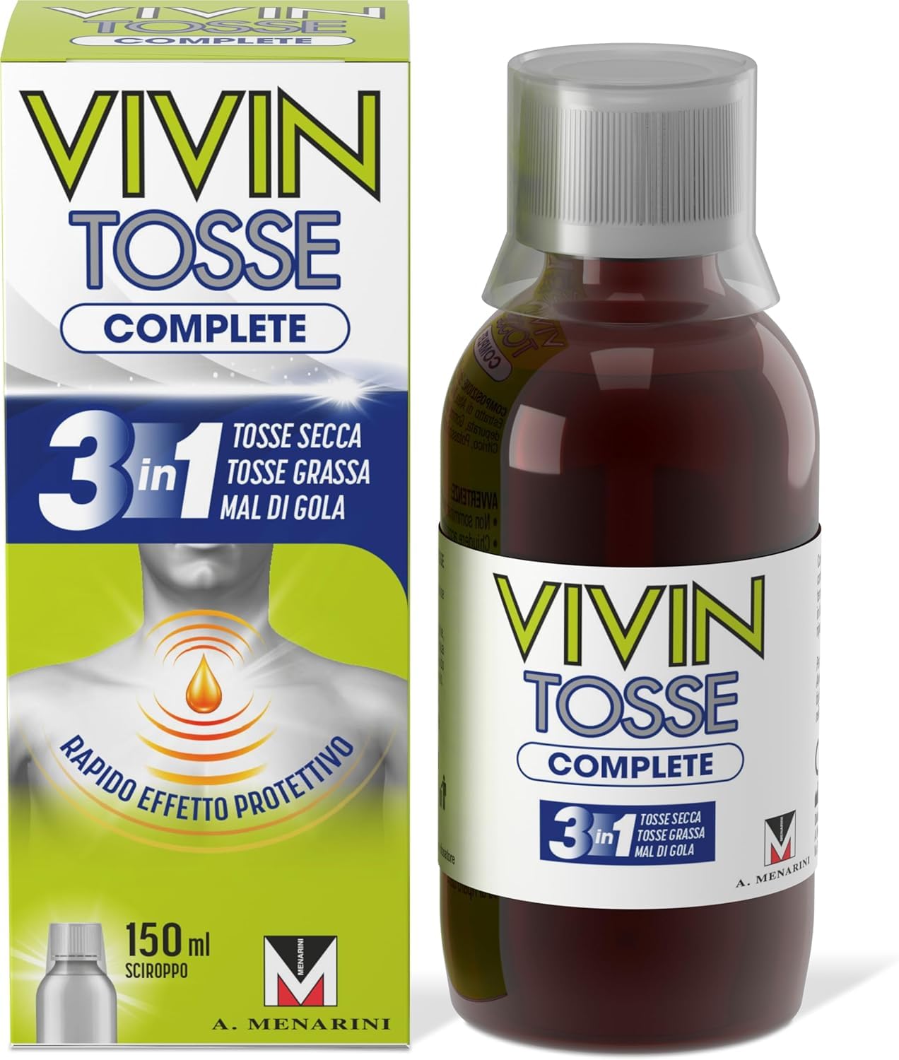 Vivin Tosse Complete - 150 ml. Sciroppo per mal di gola, tosse secca e tosse grassa a base di estratti vegetali. Protegge e promuove l'idratazione della mucosa faringea. Senza Glutine.