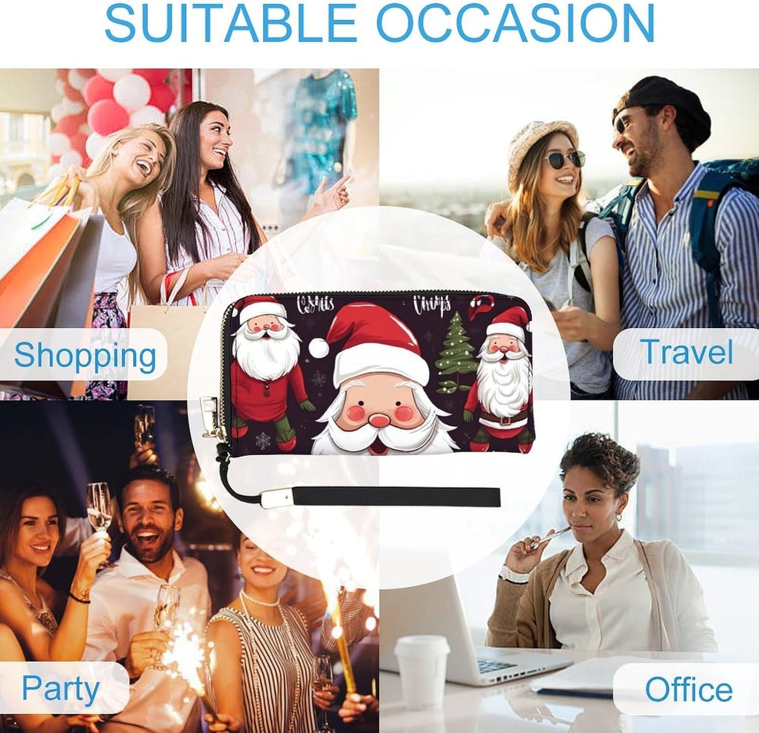 Elegant Christmas Santa Claus Women's Wallet with Zip Hand Strap PU Leather Card Holder Slim Cute Wristlet Wallet for Ladies Portable Travel Long Purse for Women