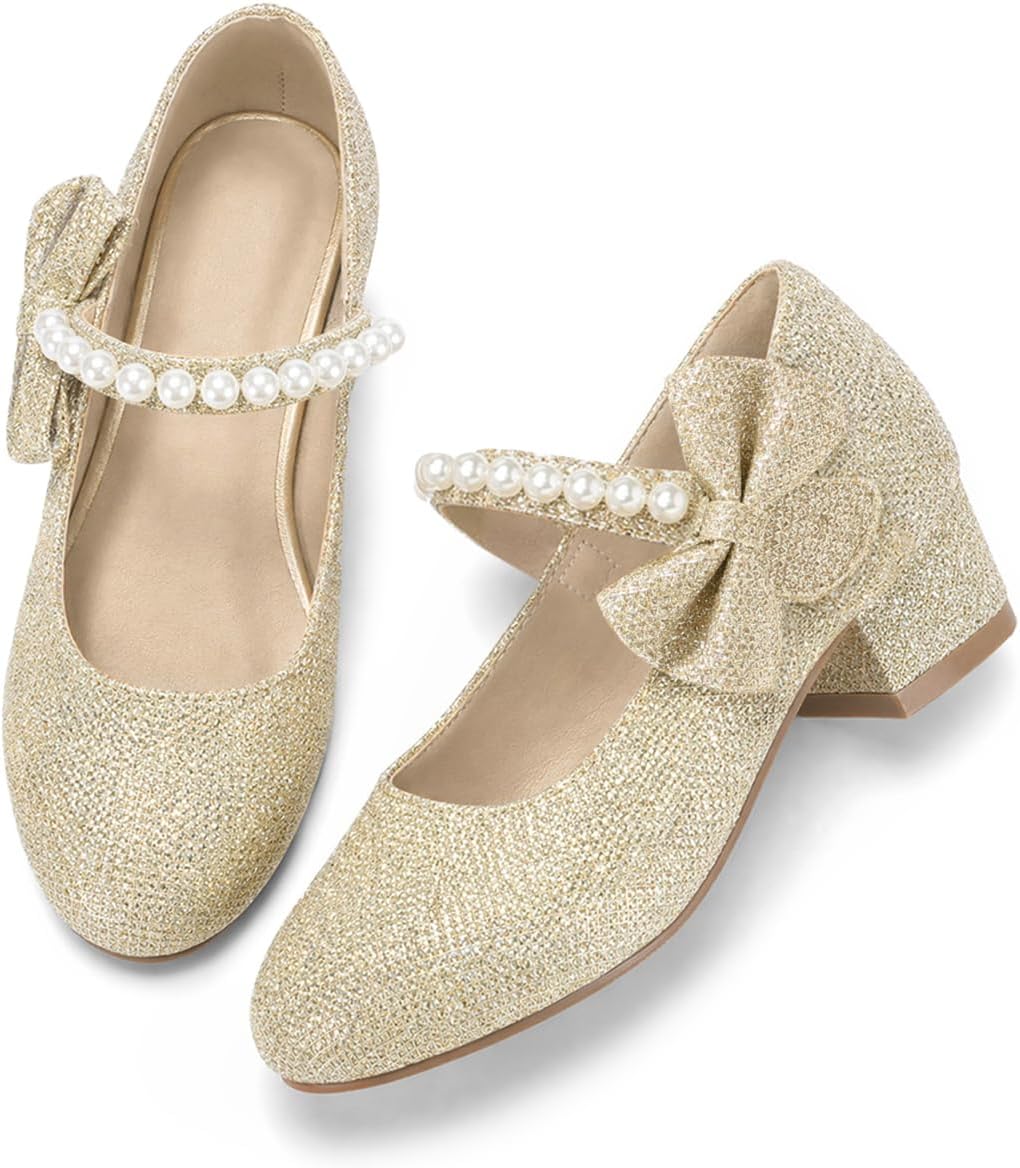 Haloumoning Girls Mary Jane Dress Shoes Pearl Strap Bow Princess Low Heel | Girls Low Block Heel Pumps, Closed Round Toe, Flower Girl Wedding Birthday Party Church Shoes, Hook and Loop Closure