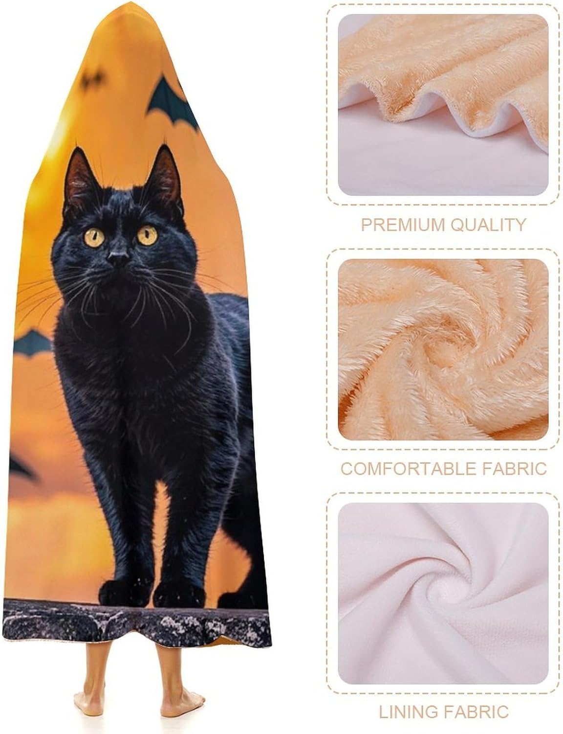Black Cat Bat Wearable Fleece Blanket with Hood for Men & Women Oversized Hoodie Blanket Soft Cozy Gift-