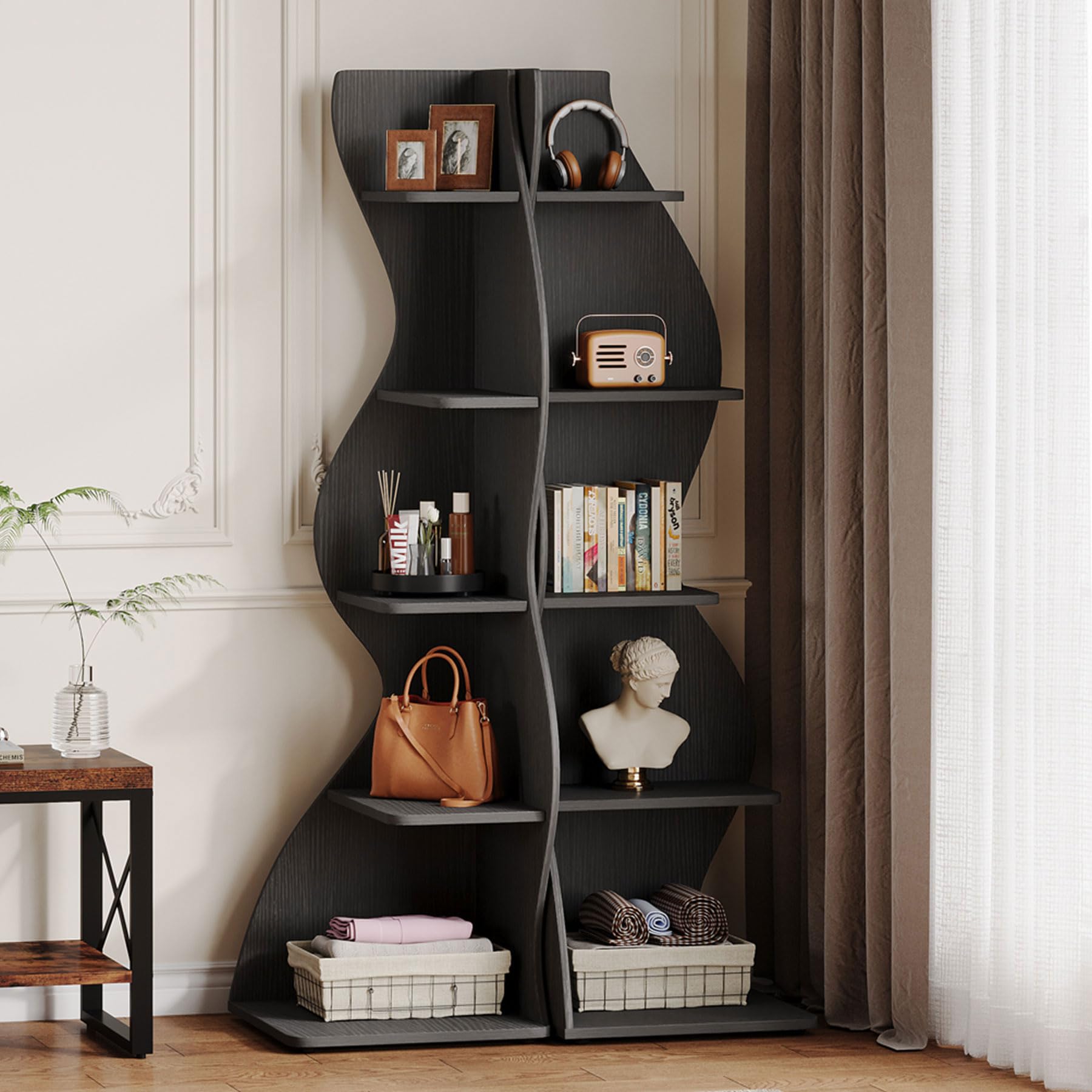Tribesigns Wavy Corner Shelf Set of 2, Modern 5-Tier Bookshelf Etagere Bookcase with Curvy Shape, Unique Plant Stand Display Shelf for Living Room Small Space (Black) โ image 1
