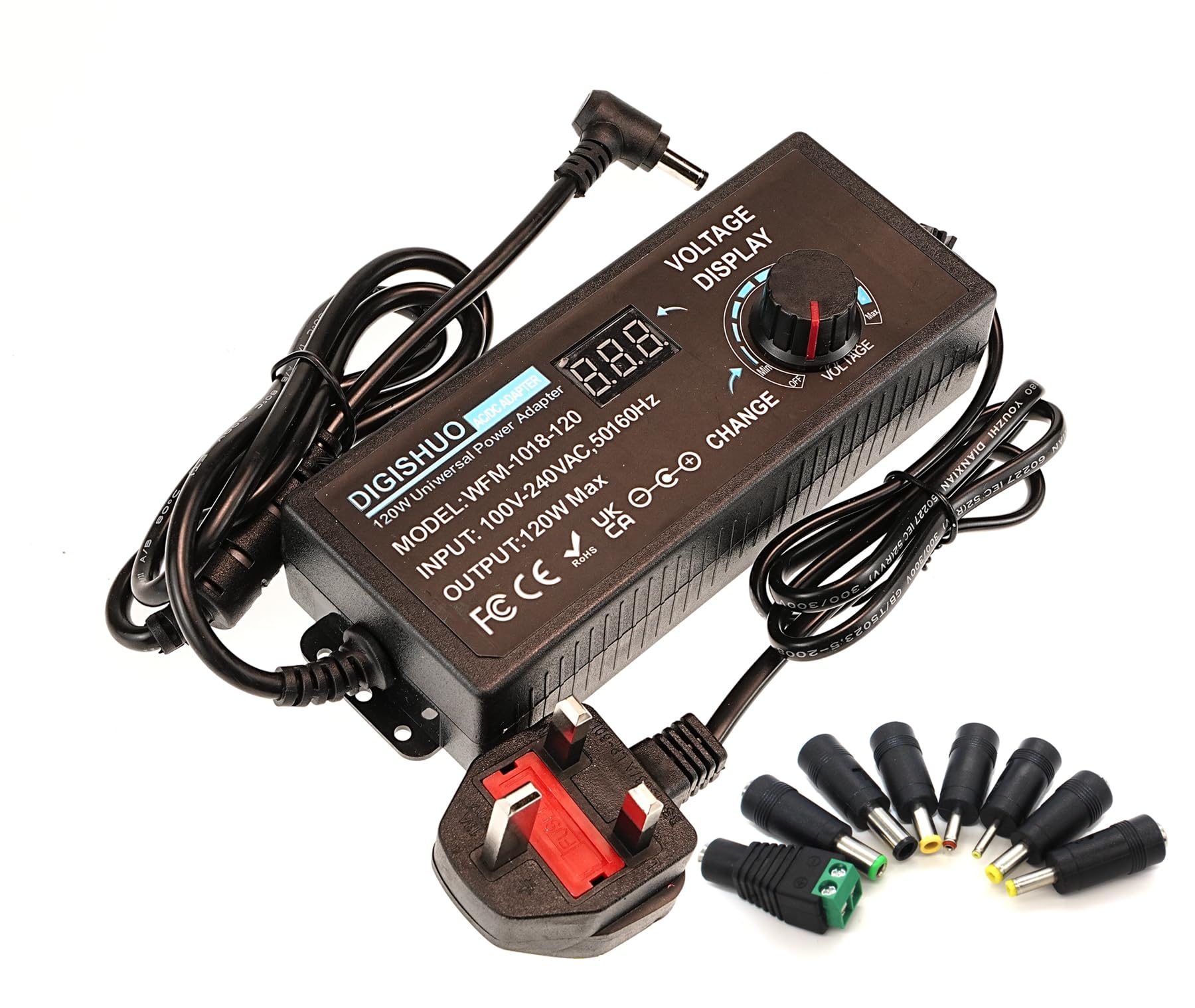 Fuente de alimentación ajustable de 120 W CC 3 V ~ 12 V 10 A, convertidor de CA a CC de 100 V-240 V con pantalla de voltaje LED y 8 puntas, para electrónica doméstica (CC 3-12 V 10 A 120 W)