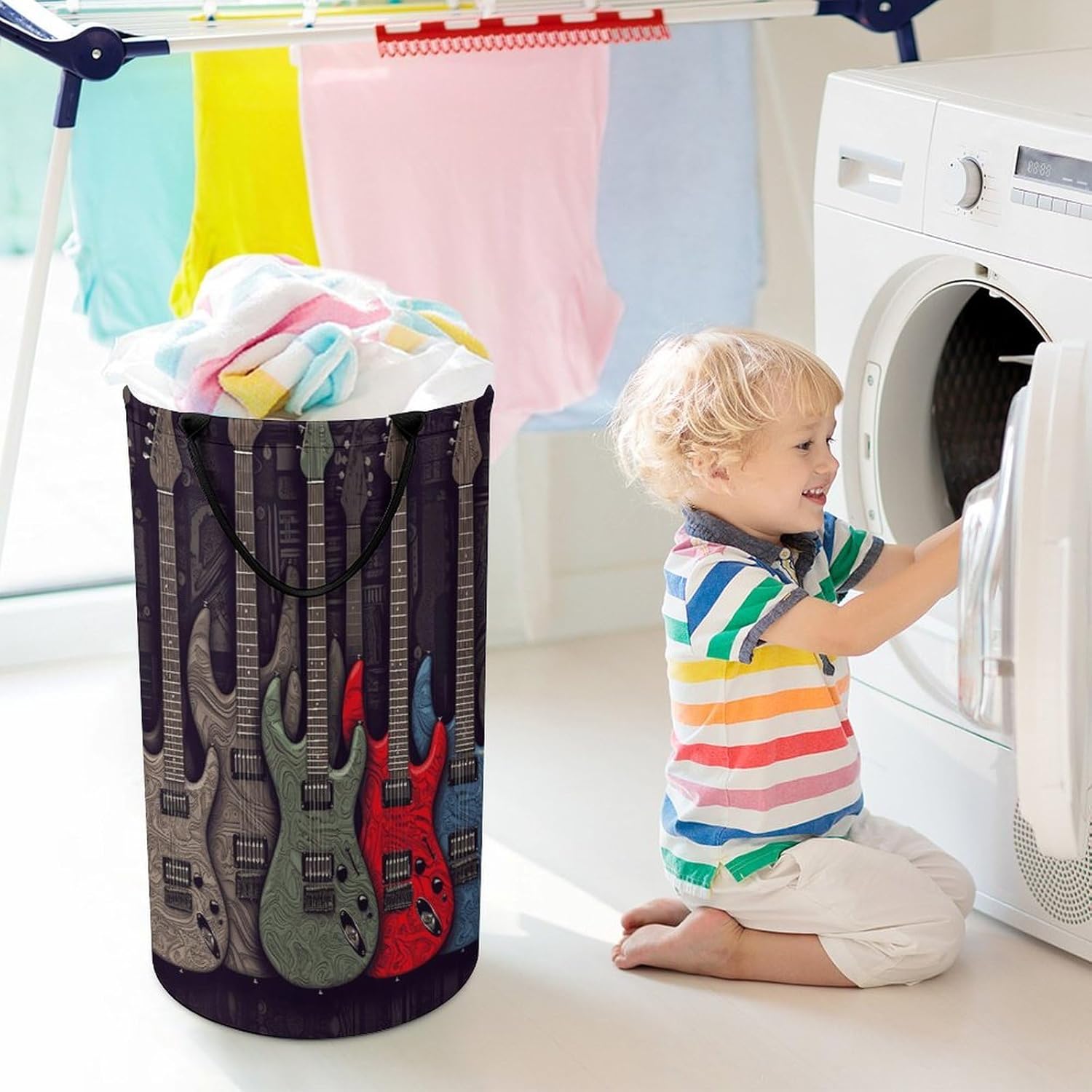 Guitar Pattern Laundry Hamper with Handles Waterproof Collapsible Laundry Basket Large Lightweight Round Dirty Clothes Hamper for Home Dorm Bathroom Decor