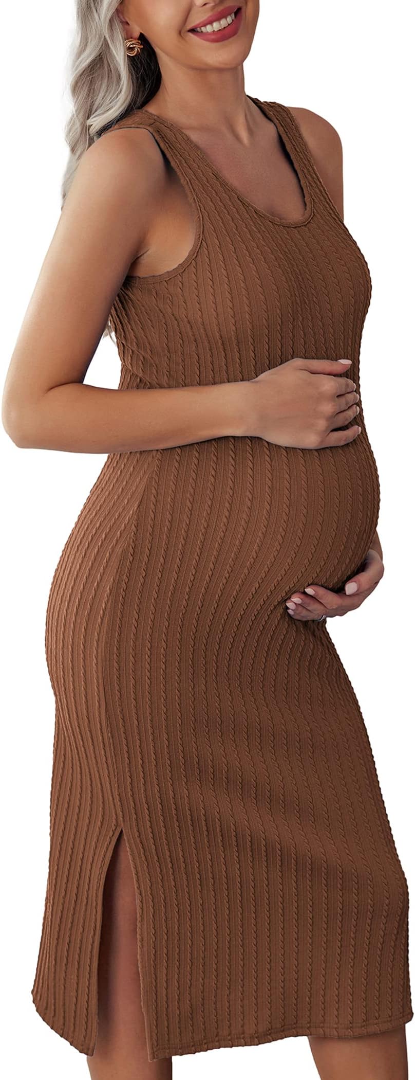 Women's Maternity Dress Rib Knit Sleeveless Tank Side Slit Bodycon Dresses Pregnancy Clothes S-XXL
