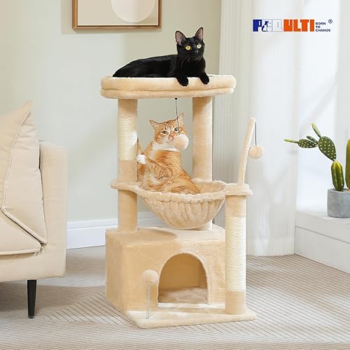 Miniatura 113 de PEQULTI Torre de árbol para gatos de interior con condominio privado acogedor para gatos, postes rascadores de sisal natural y pompón de felpa