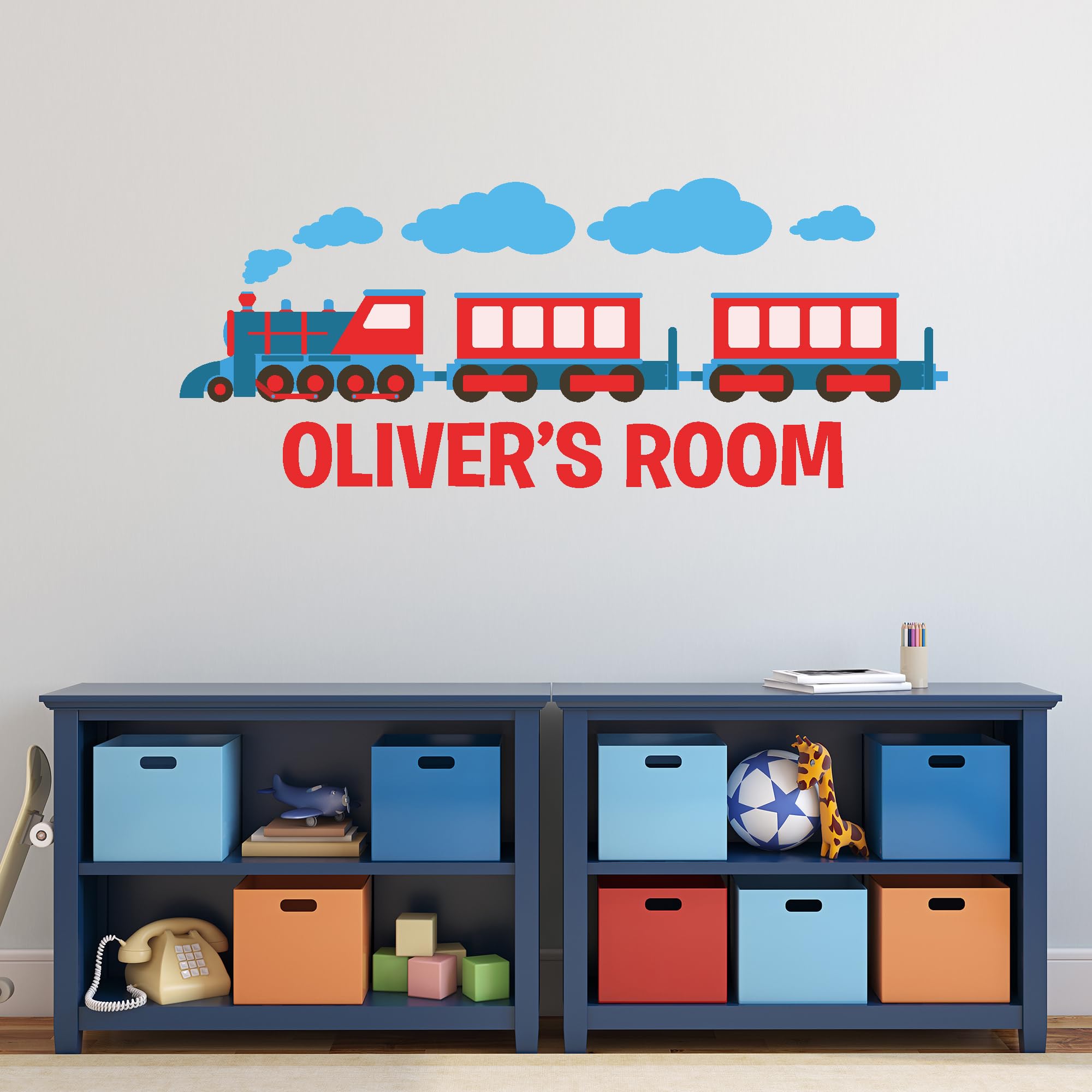 Themed Green Train Wall Sticker - Blue And Red Train Decal Wall Art (60Cm Width X 25Cm Height)