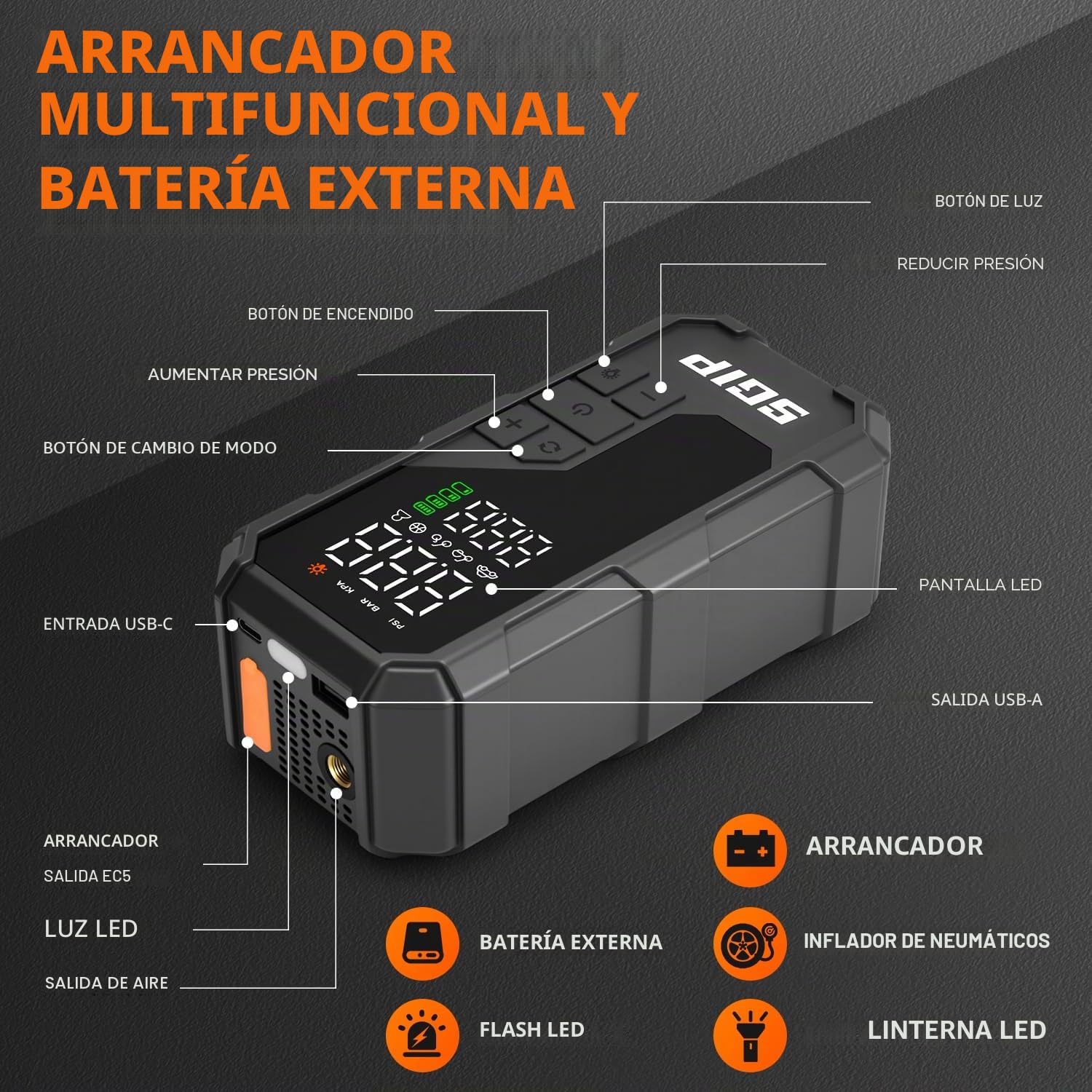 Arrancador de Coches 7000A con Compresor de Aire 150PSI, Batería 26800mAh, Jump Starter Portátil 12V para Gasolina 9L/Diésel 8L, Pinzas Inteligentes con Pantalla