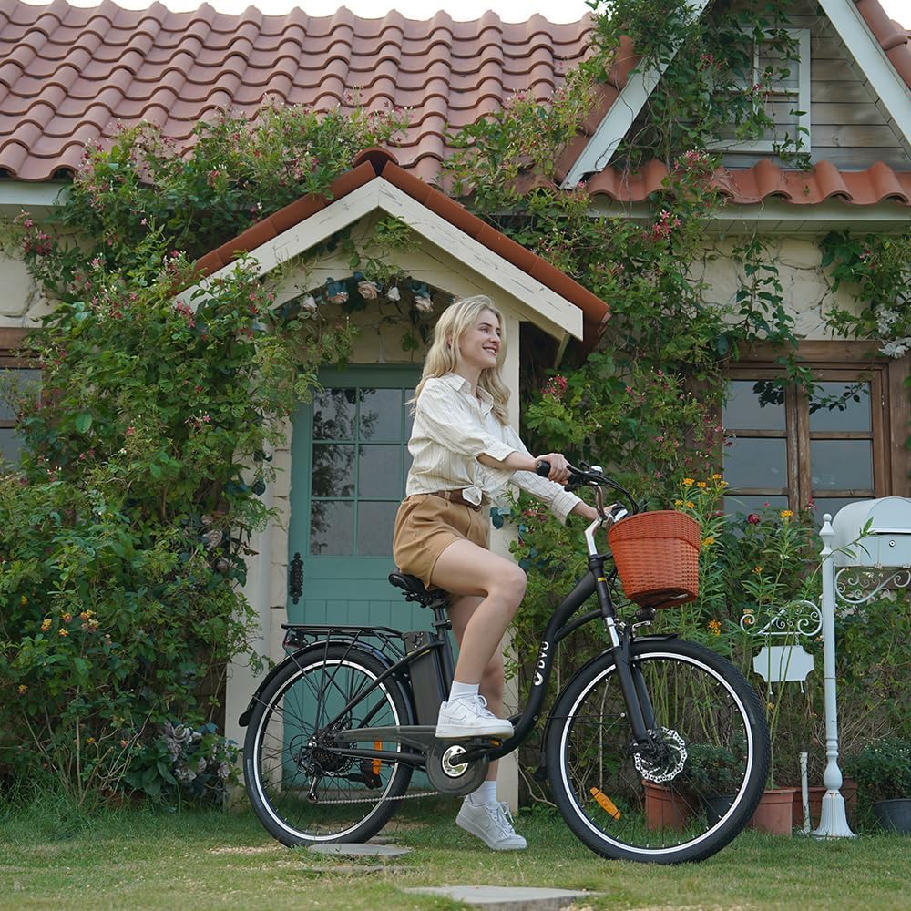 DYU Bicicletta Elettrica,26 pollici Bici Elettrica con Cambio a 6 velocità,12,5 Ah 36 V Batteria Rimovibile,City E-Bike con Cestino,Altezza del Sedile Regolabile,Adulti Unisex