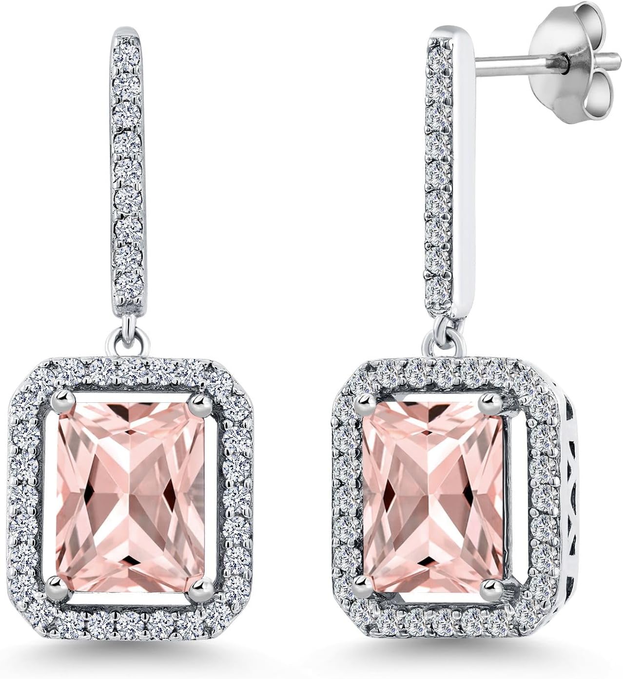 Gem Stone King 4.96 Cttw Peach Simulated Morganite Earrings For Women | 925 Sterling Silver | Emerald Cut 9X7MM