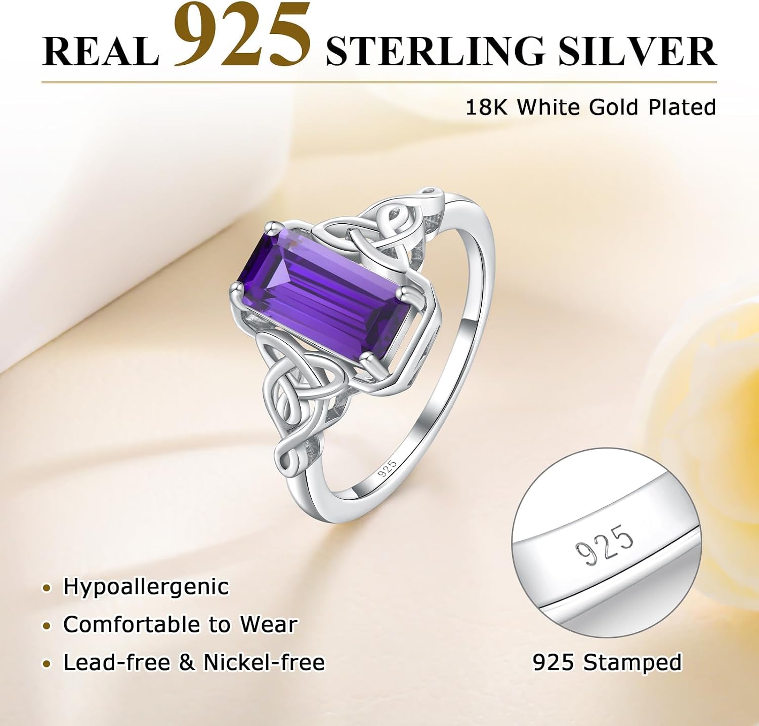 Celtic Knot Ring Sterling Silver 14K Yellow Gold Plated Lucky Trinity Emerald Cut Engagement Rings Amethyst/Peridot/Aquamarine/Ruby/Blue Topaz/Green Emerald/Sapphire Solitaire Signet Ring for Women