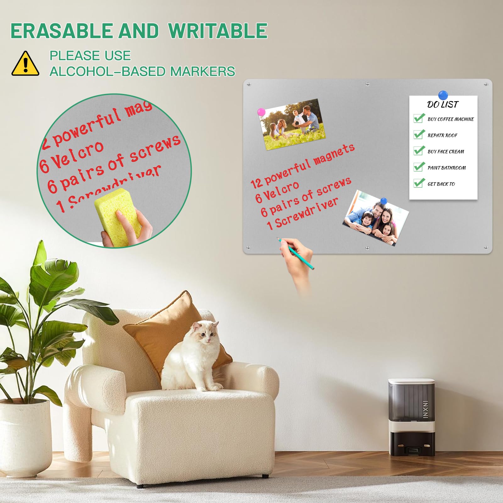 DBREAKS Pizarra Magnética de Pared, 42x30x0.08cm Tablero Magnetico, pizarra cocina con 12 Imanes, Quadro Magnetico de Metal, Pizarra Para Cocinas y Oficinas(Plateado)