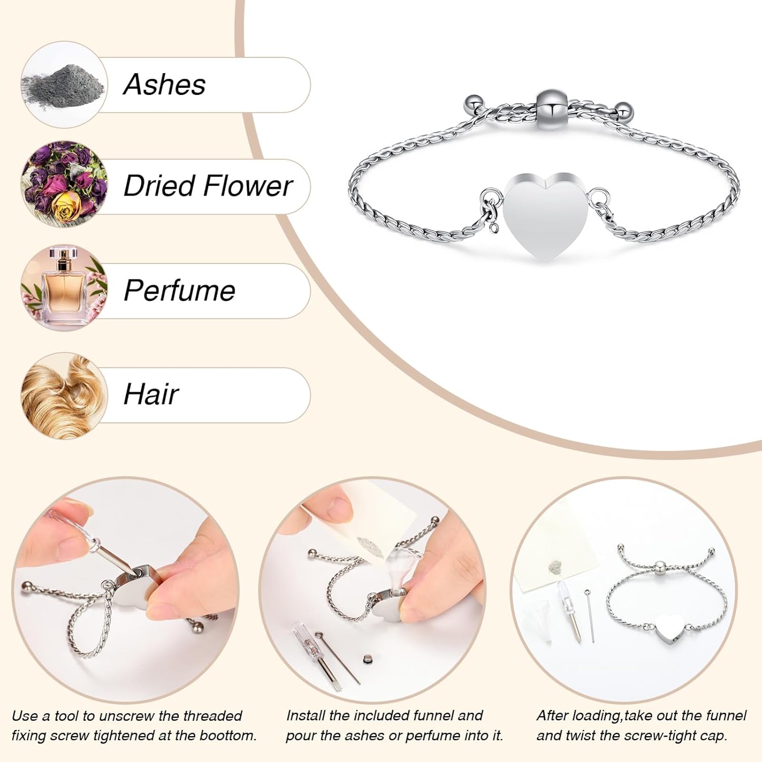Oinsi Heart Urn Bracelet for Women - Cremation Bracelet for Ashes Stainless Steel Memorial Ashes Keepsake Gift Cuff Bangle for Loved Ones - Image 3