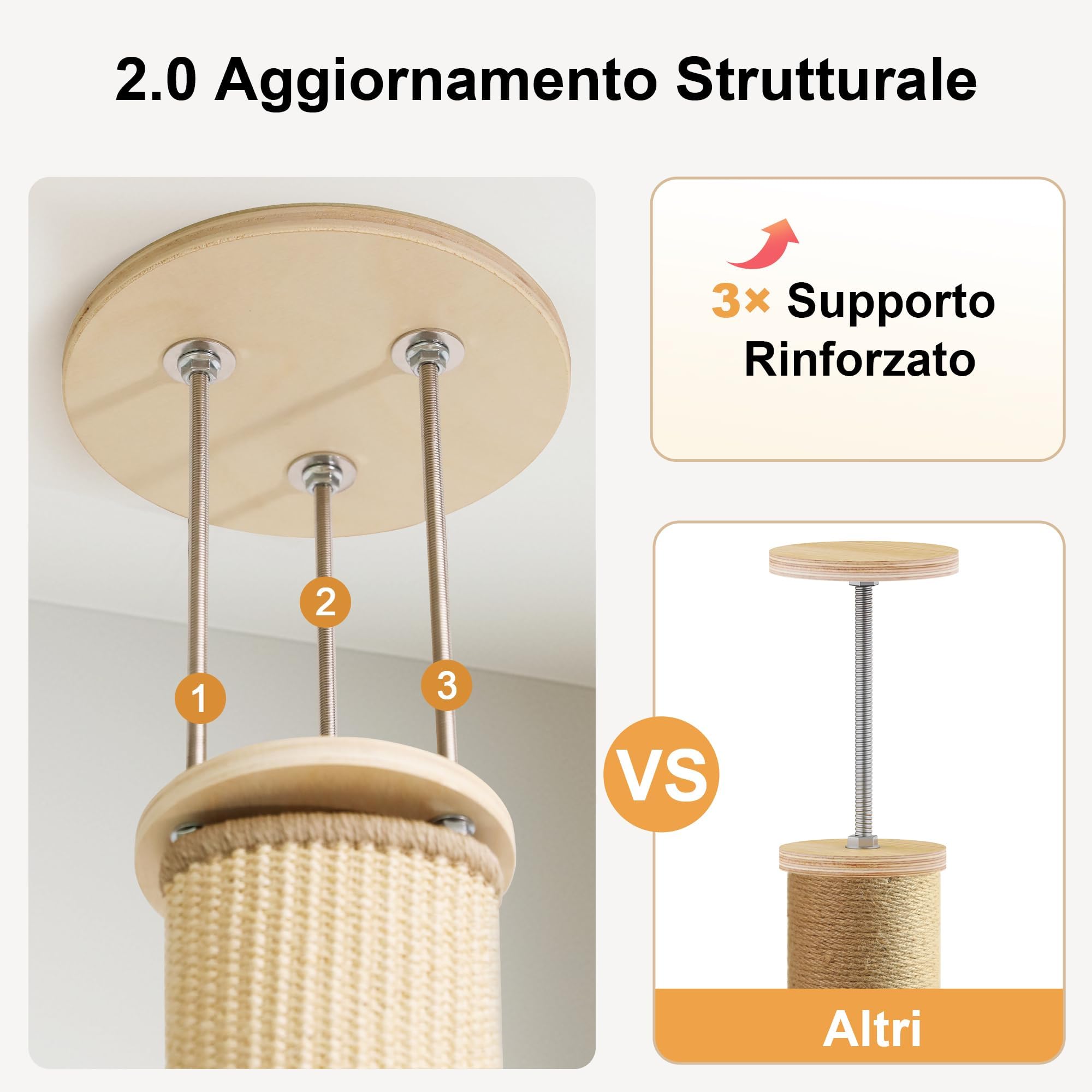 FUKUMARU Torre Tiragraffi per Gatti da Parete, Altezza Regolabile (205-270cm),Tiragraffi da Arrampicata al Soffitto a 4 Livelli, Albero con Colonna Tiragraffi di Sisal, Mensola e Amaca per Gatti