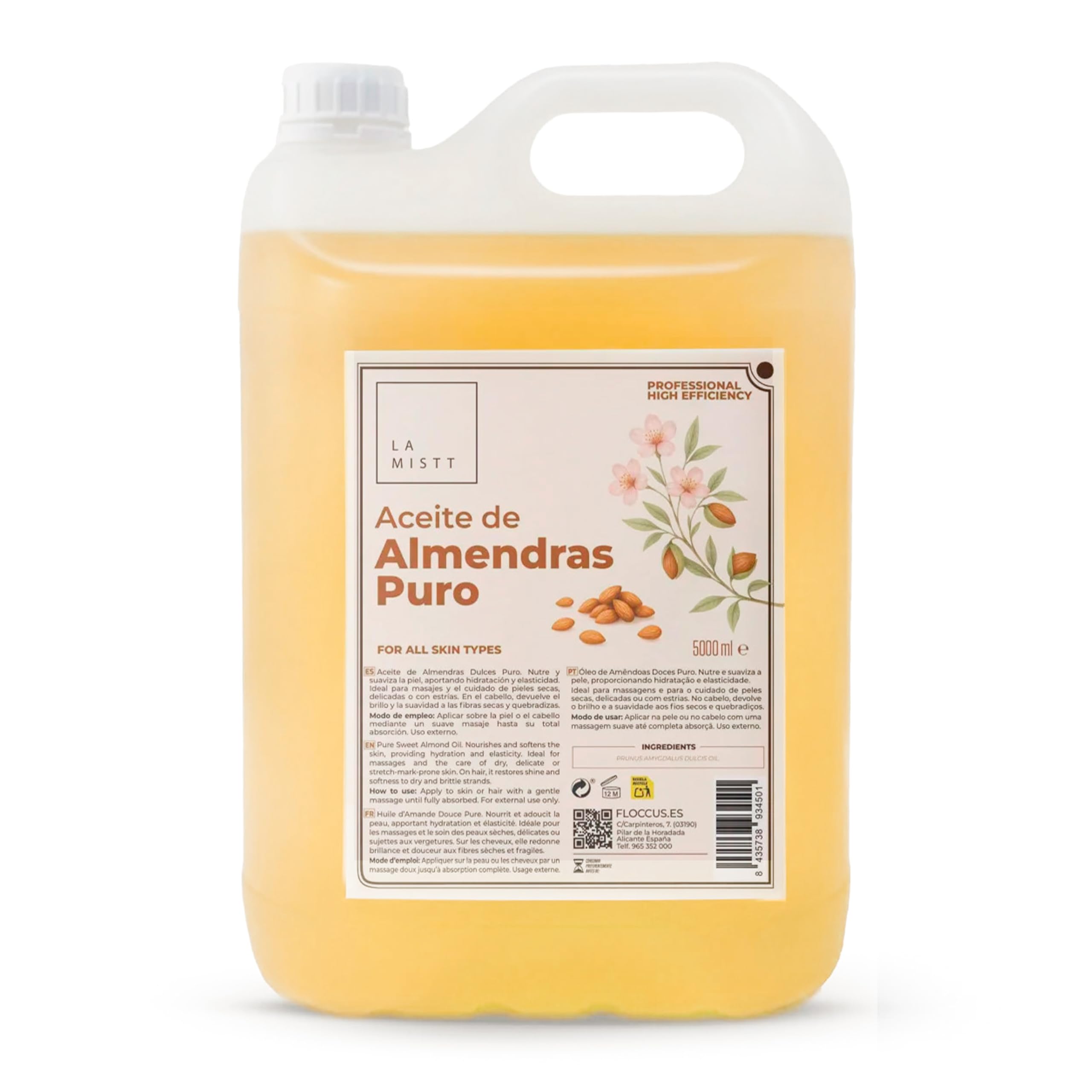 Aceite de Almendras Dulces 100% Puro 5L | Apto para Todo Tipo de Pieles | Aceite de Masaje Profesional | Sin Parafina ni Colorantes