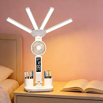مصباح مكتب LED قابل للطي مع ضوء ساعة مروحة للدراسة، 3 أوضاع إضاءة، مصباح طاولة قابل للتعديل، مصباح قراءة للعناية بالعين قابل للتعتيم للمنزل والمكتب والكلية وغرفة النوم بجانب السرير