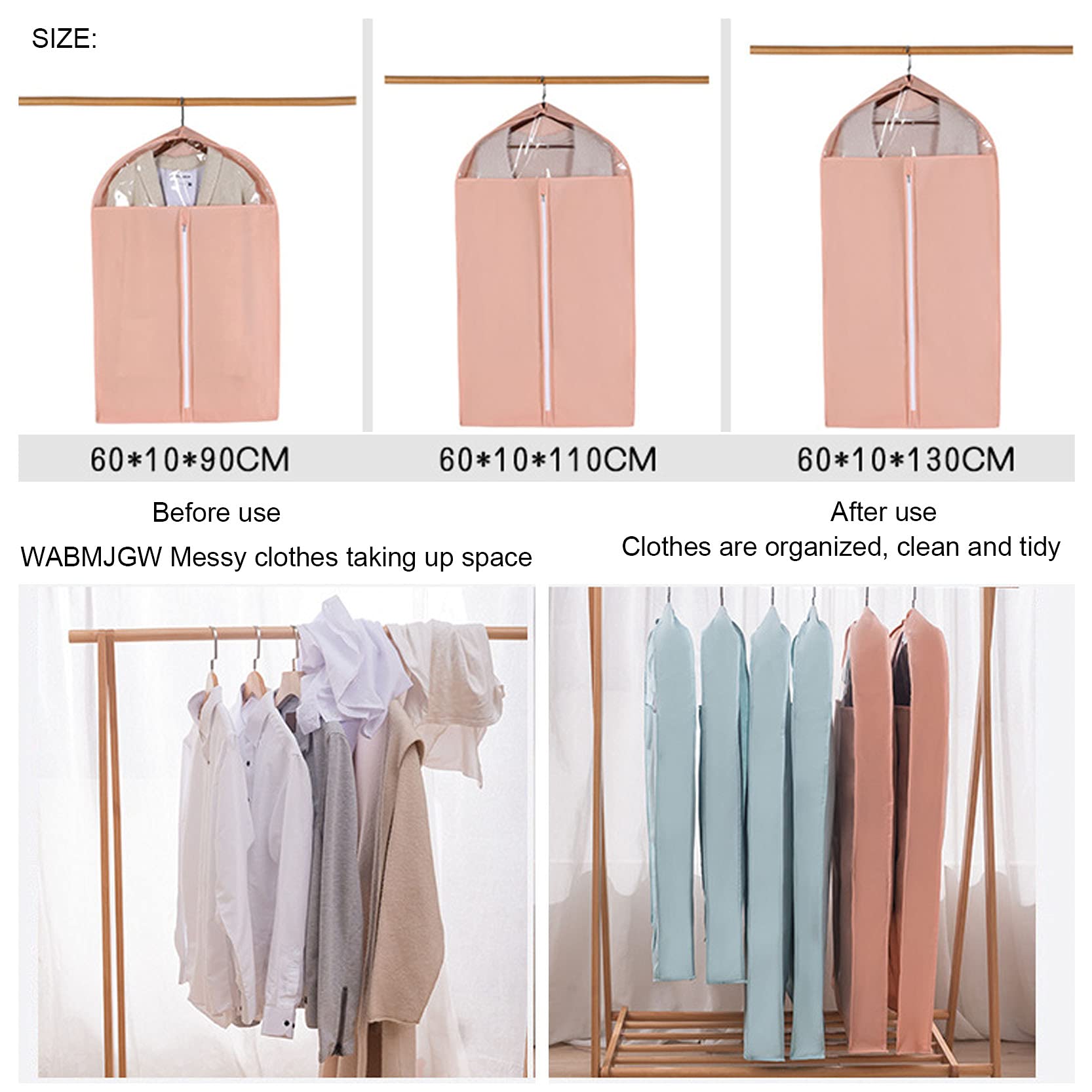 Sacchetti per Vestiti, 10 cm for riporre i Vestiti, 5 Pezzi, Sacchetti copriabiti in Tessuto Non con Cerniera e Finestra Trasparente, Traspiranti, Bianchi, 60 x 90(Pink,60x10x110cm)