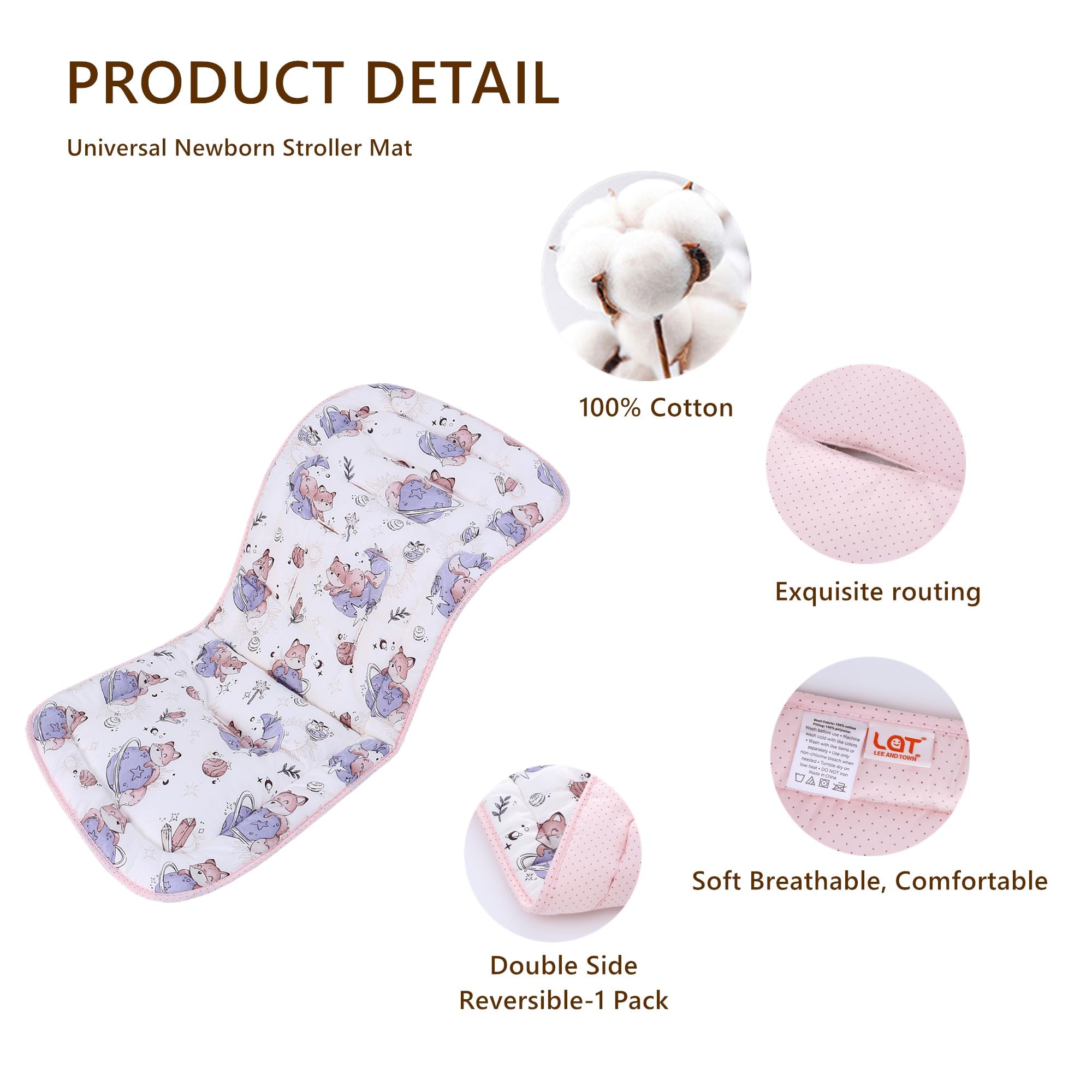 Baby Pushchair Seat Liners,Pram Liner Universal Fit for Most Pushchairs,100% Cotton Double-Sided Baby Stroller Cushion Pad,Stroller Seat Cover for Toddler Infant 1 Pack,78x34cm(Fox+Pink Dots) - Image 3