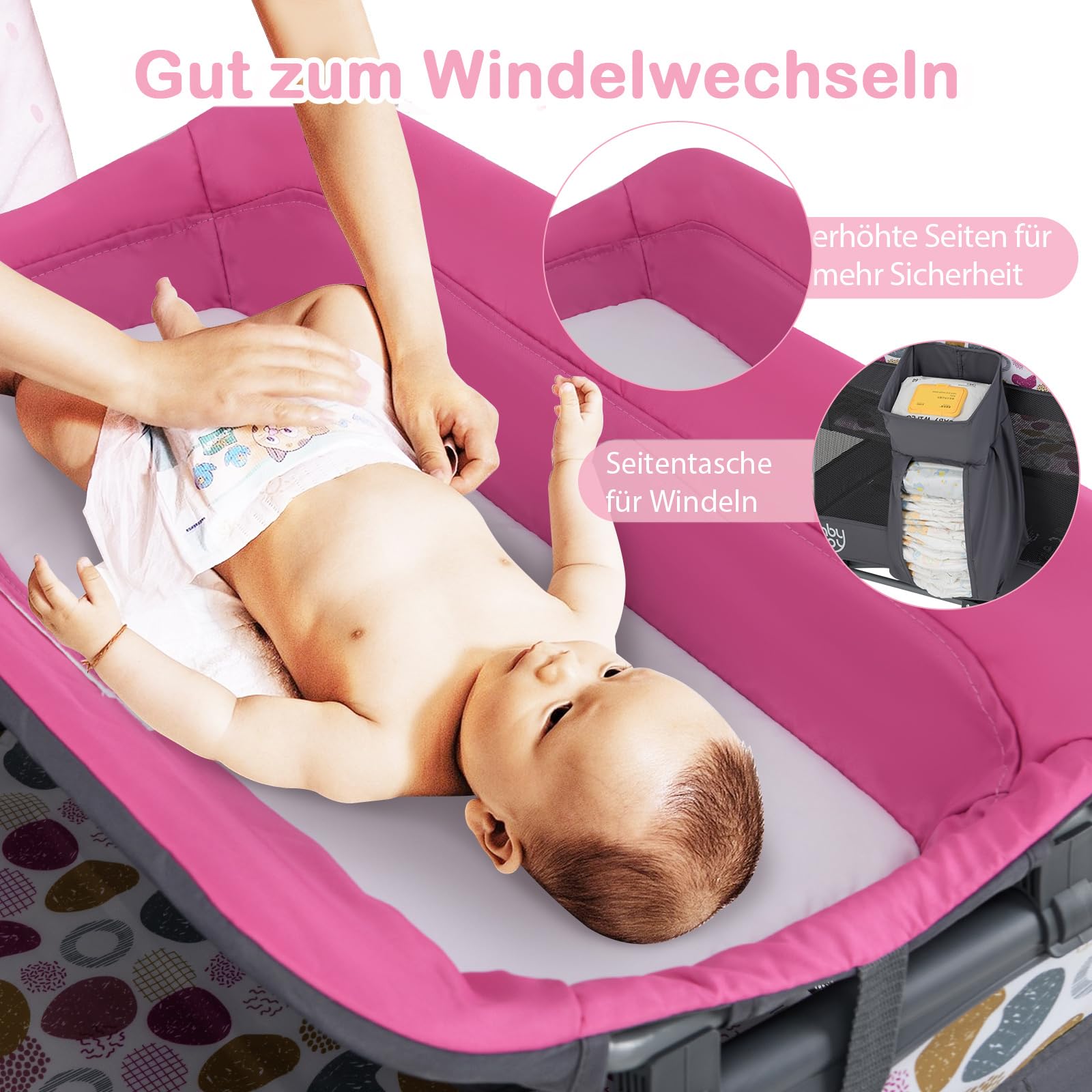 GOPLUS 5-in-1 Babybett, Beistellbett Baby mit Wickelauflage, Bremsrädern und Reisetasche, Musikbox mit Vibrationsfunktion, 2 hängende Spielzeuge, tragbares Reisebett mit Transporttasche (Rosa)