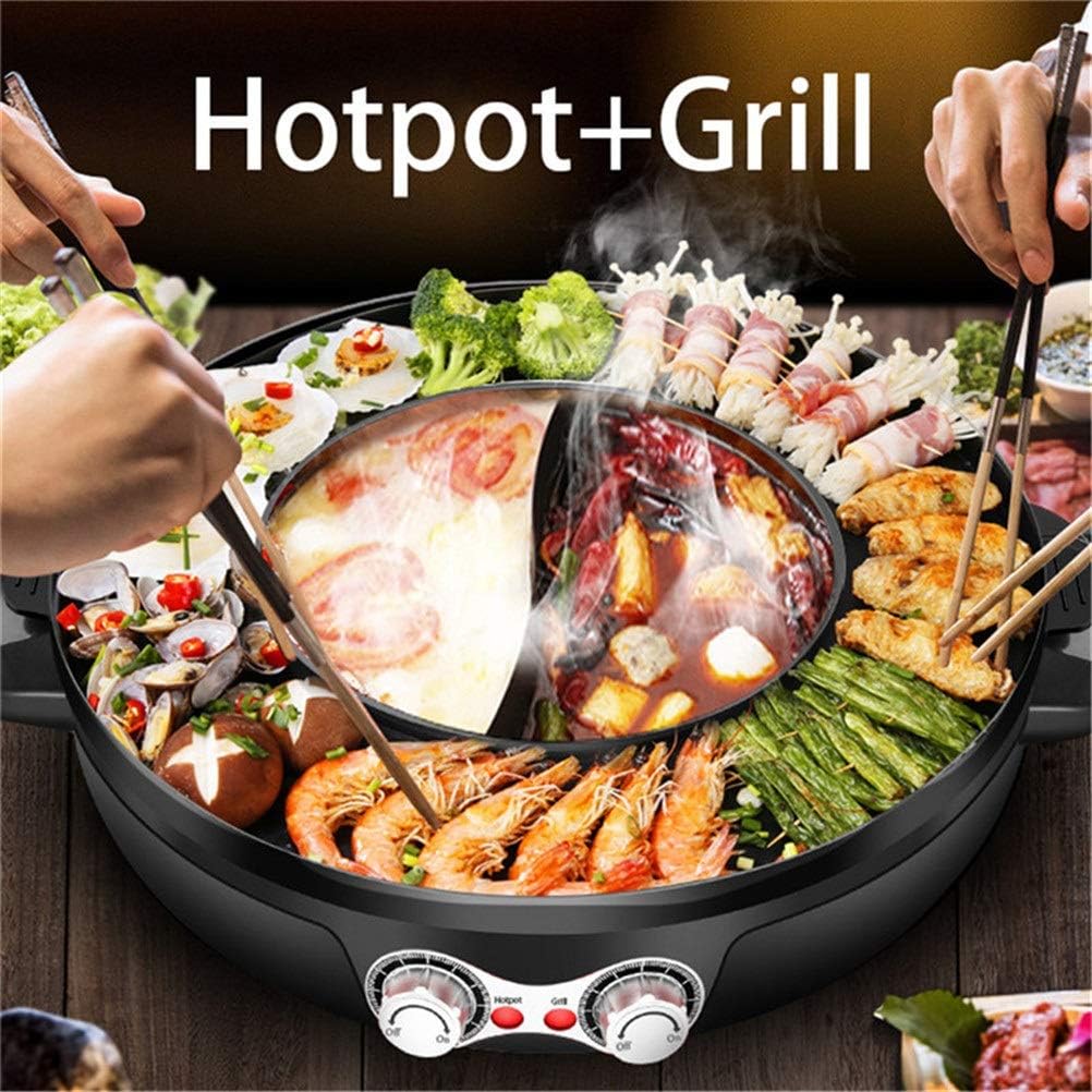 2200W Dual Temperature Control Electric 2 in 1 Hot Pot & Barbecue Smokeless Non-Stick Electric Grill Machine Party