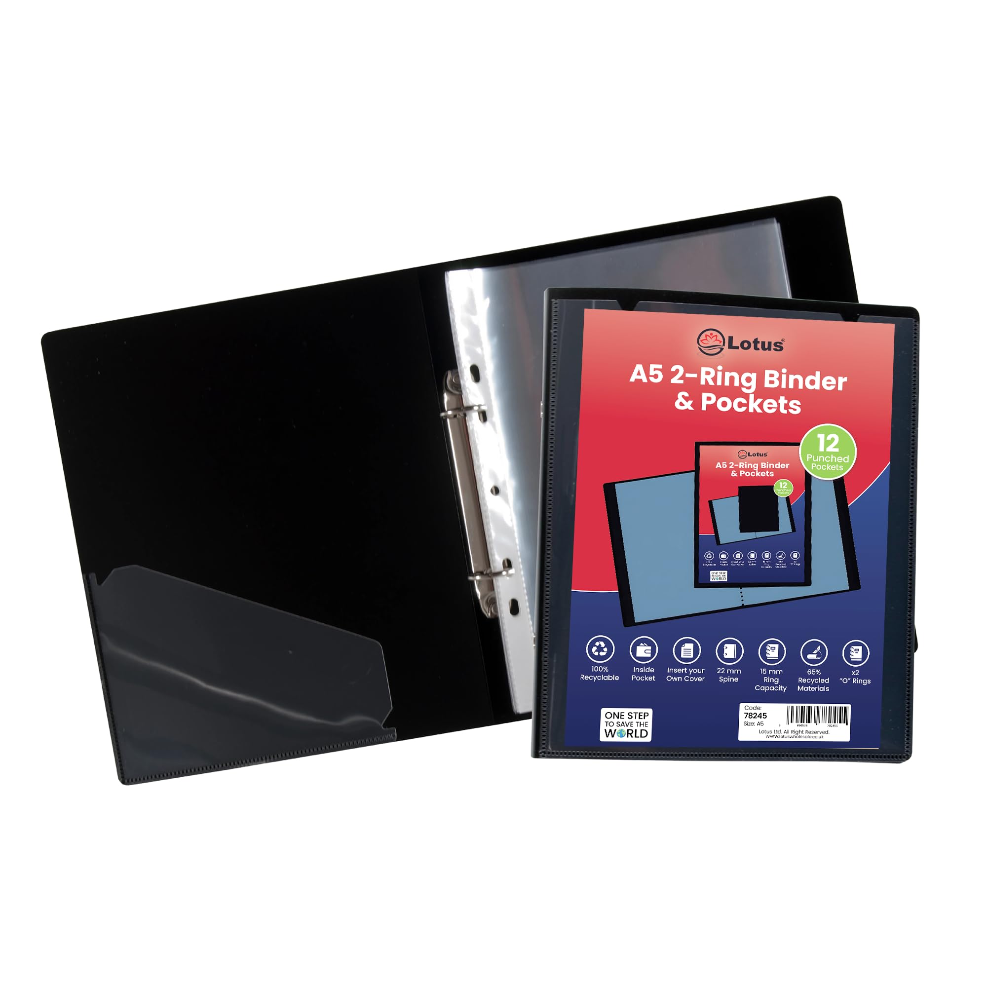 Pack of 6 A5 Ring Binder File Folder - Black Presentation Folder for Documents, Artwork, Projects & Portfolios, Office & School (Lotus)