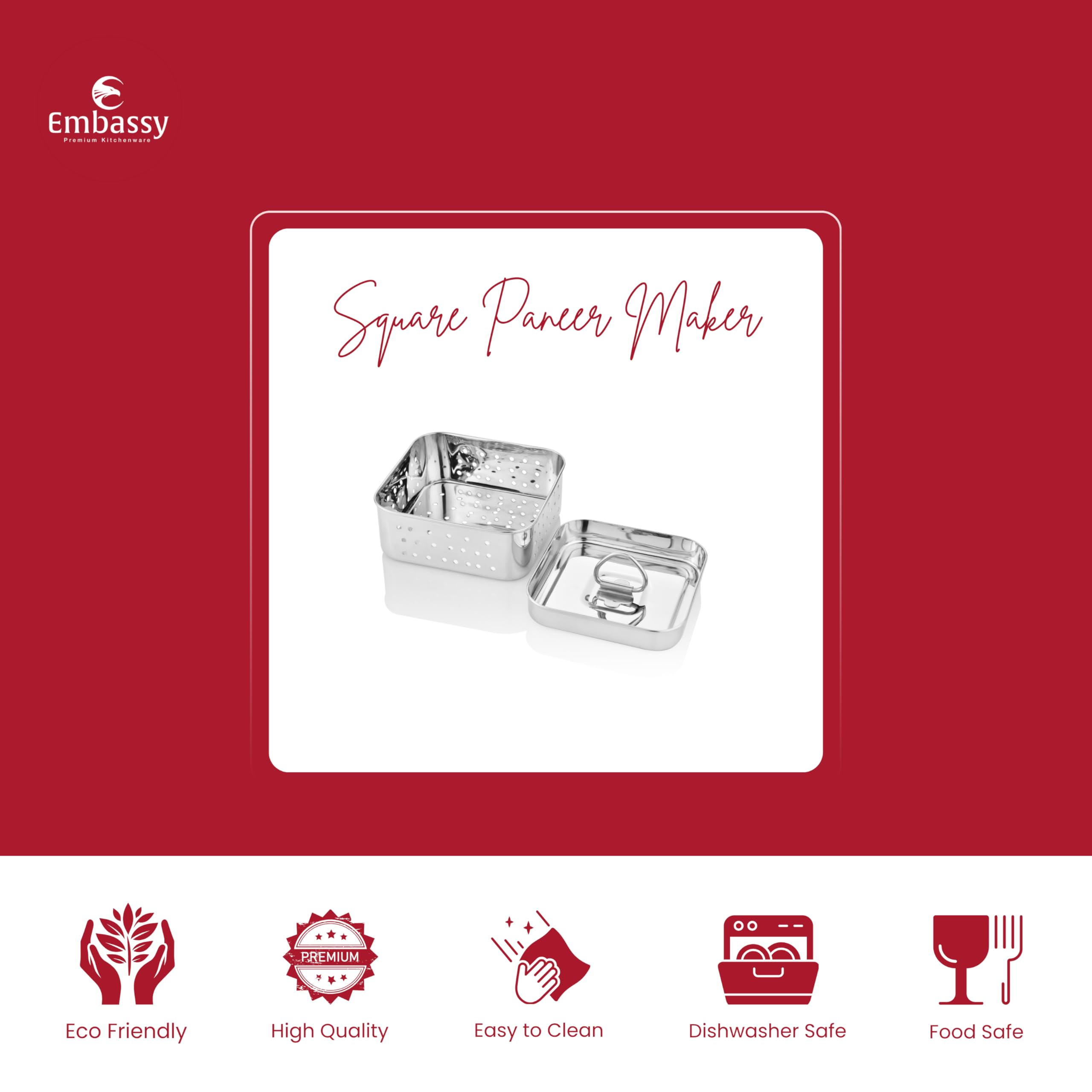 Embassy Stainless Steel Square Paneer Mould/Maker/Strainer | 500 ml | Dimension 12.5 x 12.5 cms | Size 3 | Perfect for Making Homemade Paneer/Cheese/Tofu | Dishwasher Safe 4