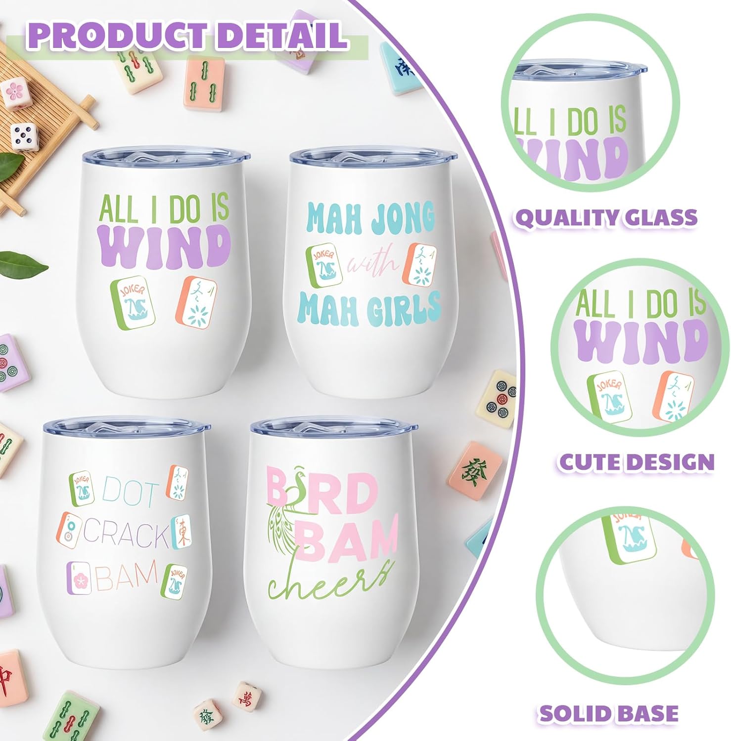 Patelai 4 Pcs Mahjong Tiles Accessories Tumbler, Mah Jong Gifts Stainless Steel Tumbler with Lid and Straw 12oz, Gifts for Mahjong Players Lovers Travel Coffee Cup