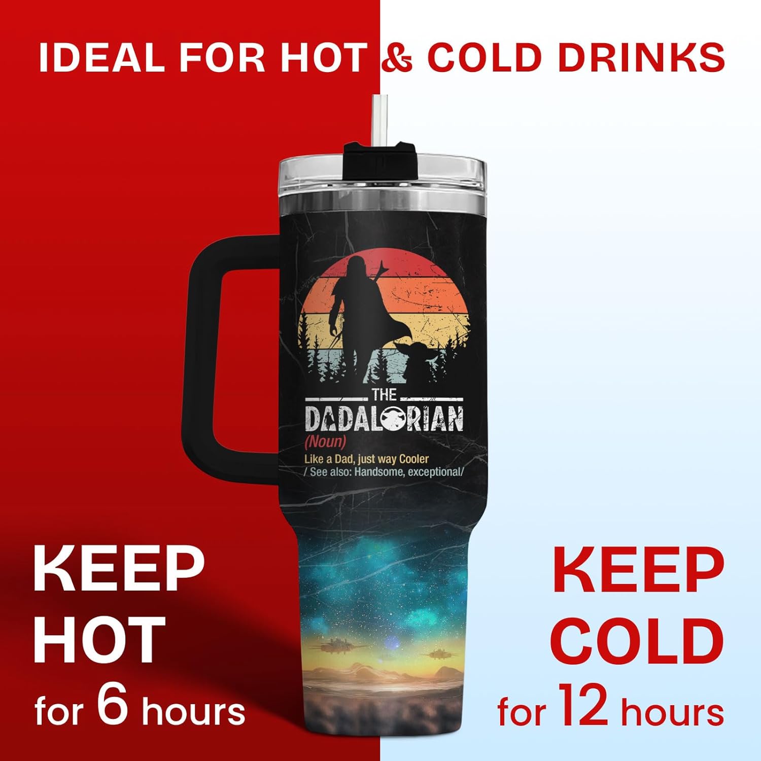 34HD Dadalorian Daddy Tumbler 40oz with Handle Lid and Straw, Funny Best Dad in the Galaxy Gift, Retro Sunset Outer Space Design, Insulated Stainless Steel Cup for Men, Father’s Day Birthday Present - Image 5