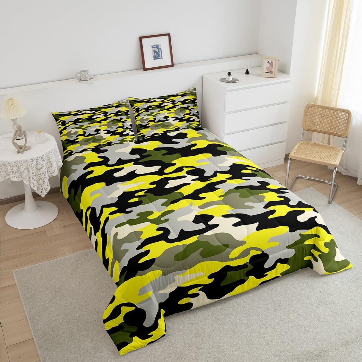 Feelyou Camouflage Bedding Set Queen Size Grey Yellow Camo Comforter Set for Adult Kids Boys Girls Teens Fashionable Style Duvet Set Modern Abstract Art Quilt Set 3Pcs