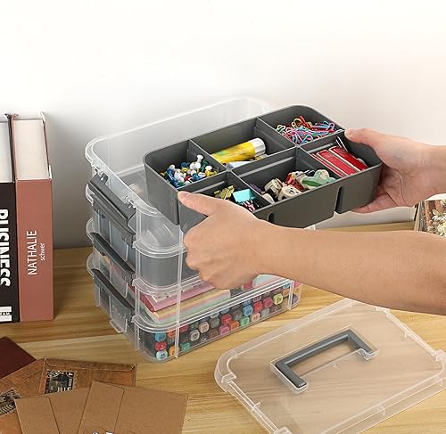Miniatura 7 de JUXYES Caja de almacenamiento apilable de 4 niveles con 2 bandejas divididas, contenedor de almacenamiento apilable transparente con asa y tapa con