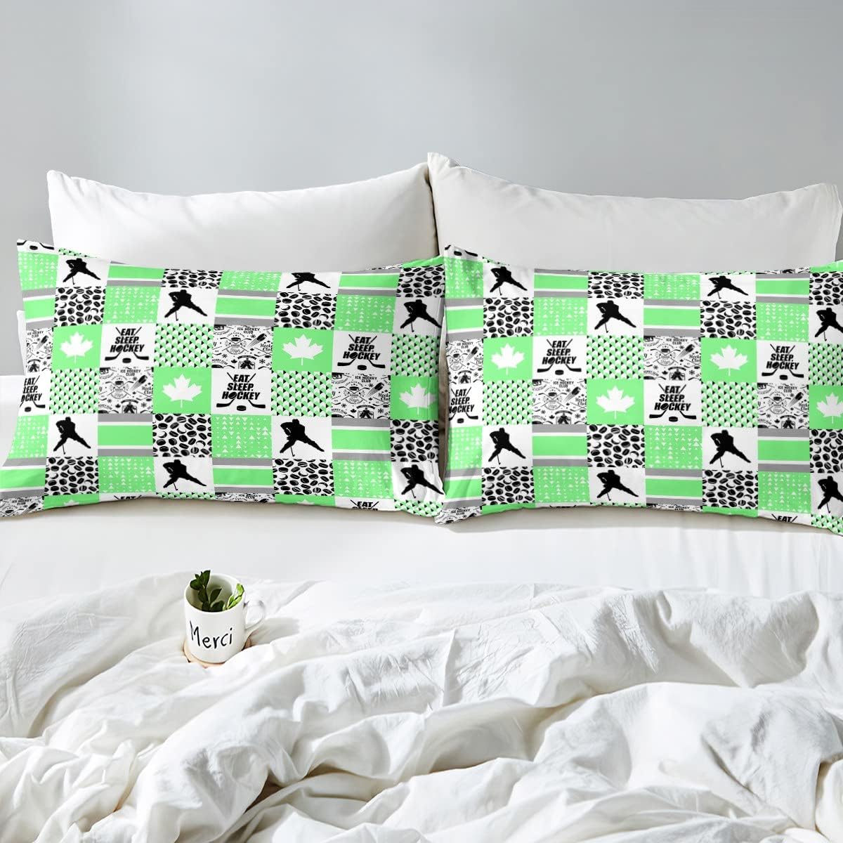 Ice Hockey Bedding Set Buffalo Plaid Decor,Pucks Sports Ball Games Duvet Cover Twin for Boys Kids,Extreme Sport Comforter Cover for Hockey Player,Maple Leaf Quilt Cover Canadian Flag Decor Green